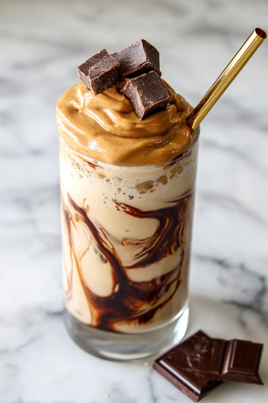 This dessert drink in a clear glass has three main layers visible: a creamy beige base swirled with dark chocolate streaks inside the glass, topped with a thick swirl of peanut butter cream that is smooth and light brown with darker brown drizzles on top, finished with five chunks of dark chocolate placed on the peanut butter cream. A golden straw is inserted on the side, leaning against the edge of the glass. The glass sits on a white marbled surface with two pieces of dark chocolate nearby. Photo taken with an iphone --ar 2:3 --v 7 - High-Protein Ninja Milkshake, healthy protein shake recipes, creamy milkshake with protein, post-workout protein drink, easy high-protein smoothies