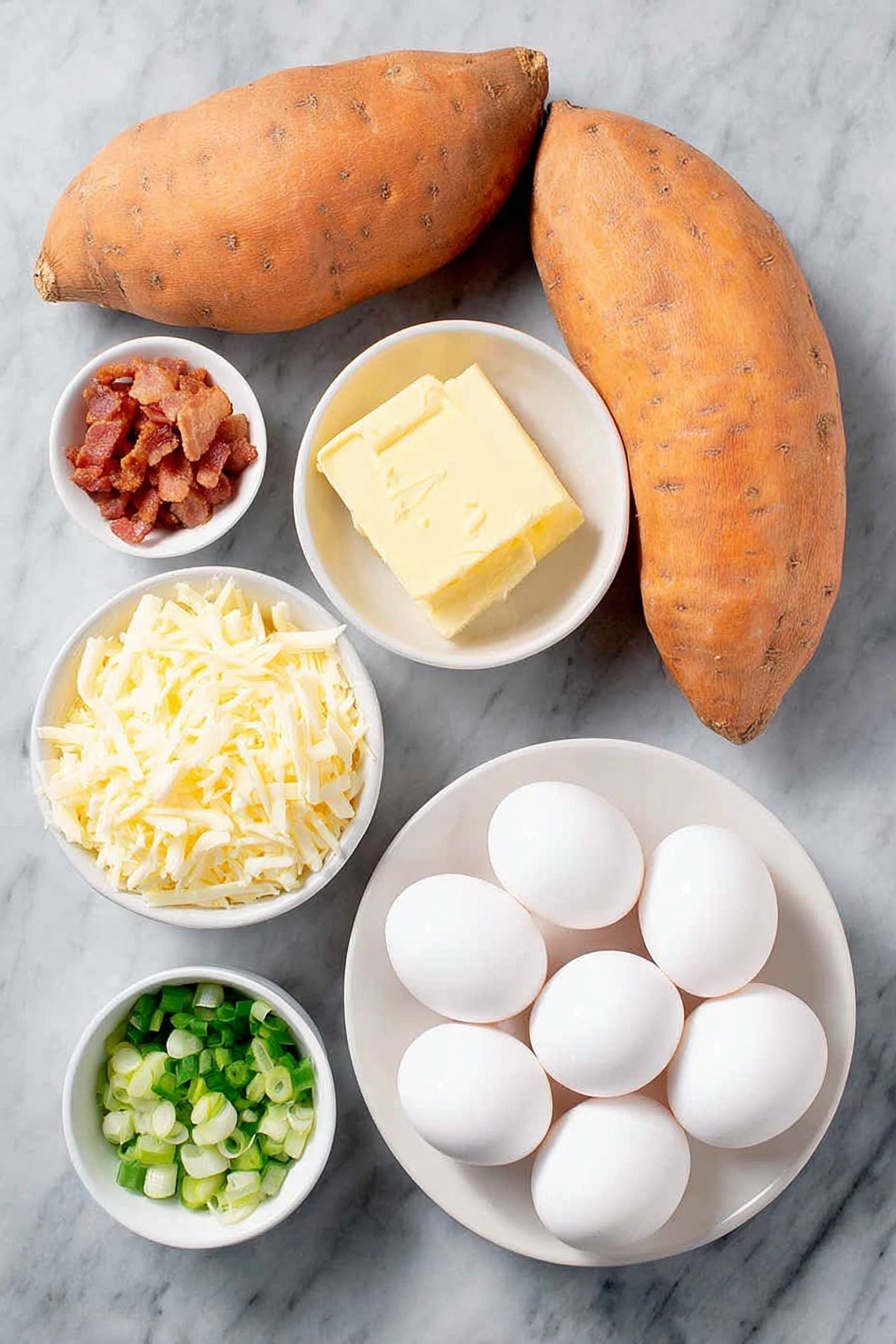 Flat lay of three large whole sweet potatoes with vibrant orange skin, a small pile of crumbled cooked bacon pieces, two tablespoons of solid unsalted butter, a small white ceramic bowl filled with shredded white cheddar cheese, six whole uncracked brown eggs with clean shells arranged neatly, a small white ceramic bowl containing coarse black pepper, a small white ceramic bowl of salt crystals, and a few fresh green scallion stalks minced and placed delicately on a simple white ceramic plate, placed on a clean white marble surface, soft natural light, photo taken with an iPhone, professional food photography style, fresh ingredients, white ceramic bowls, no bottles, no duplicates, no utensils, no packaging --ar 2:3 --v 7 --p m7354615311229779997 - Sweet Potato Breakfast Boats with Bacon and Eggs, breakfast ideas with sweet potatoes, easy breakfast recipes, hearty weekend breakfast, baked egg breakfast bowls