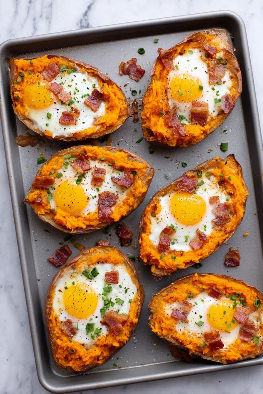 Six twice-baked sweet potato halves are placed on a gray baking tray, each filled with a bright orange mashed sweet potato layer topped with a baked sunny-side-up egg in the center. Small bits of crispy bacon and finely chopped green herbs are scattered over the eggs and mashed sweet potatoes. The baked sweet potato skins form the outer brown edges, and there is a light sprinkle of black pepper over the eggs. The tray sits on a white marbled surface. photo taken with an iphone --ar 2:3 --v 7 - Sweet Potato Breakfast Boats with Bacon and Eggs, breakfast ideas with sweet potatoes, easy breakfast recipes, hearty weekend breakfast, baked egg breakfast bowls