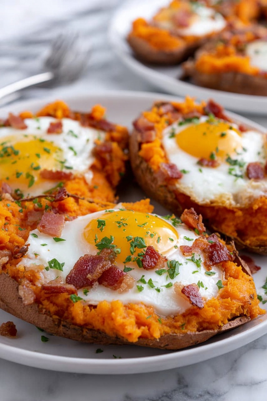 Sweet Potato Breakfast Boats with Bacon and Eggs Recipe - Serving