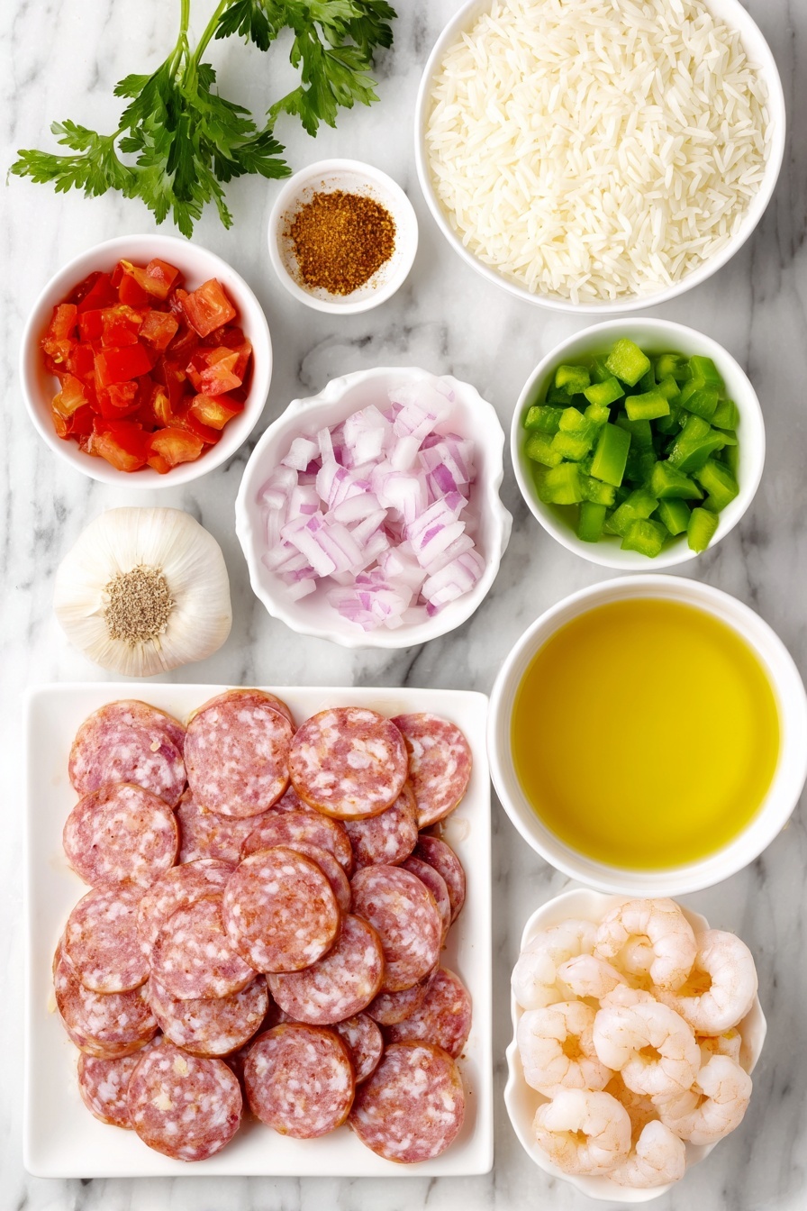 Flat lay of a small white ceramic bowl of vegetable oil, thinly sliced smoked andouille sausage arranged neatly on a white ceramic plate, one small sweet onion diced in a simple white bowl, diced red bell pepper in a white bowl, diced green bell pepper in a white bowl, uncooked basmati rice in a white ceramic bowl, four whole uncracked garlic bulbs beside a small white bowl of minced garlic, loose dried sweet paprika, dried oregano, onion powder, and dried thyme each sprinkled artfully on white ceramic dishes, one fresh bay leaf placed flat, coarse kosher salt and freshly ground black pepper in small white bowls, a white ceramic bowl filled with clear chicken stock, a white bowl of petite diced fresh tomatoes, small white bowl with smooth tomato paste, small white bowl with red hot sauce, peeled and deveined medium shrimp laid out on a white ceramic plate, and a few sprigs of bright fresh parsley leaves placed delicately nearby—all ingredients fresh and natural, arranged with perfect symmetry on a clean white marble surface, soft natural light, photo taken with an iPhone, professional food photography style, fresh ingredients, white ceramic bowls, no bottles, no duplicates, no utensils, no packaging --ar 2:3 --v 7 --p m7354615311229779997 - Easy Shrimp and Sausage Jambalaya, shrimp and sausage jambalaya, quick cajun jambalaya, Southern shrimp and sausage skillet, flavorful jambalaya recipe