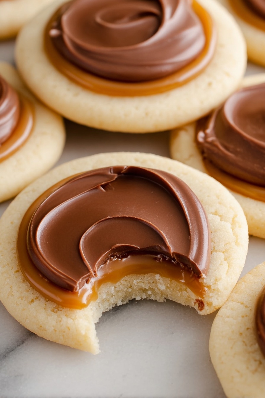 The image shows round cookies with three visible layers: a pale, smooth base layer forming the cookie, a middle layer of glossy caramel spread evenly in a ring shape just inside the cookie's edge, and a top layer of thick, swirled milk chocolate spread in a circular shape that sits in the middle of the caramel. One cookie has a bite taken out of it, revealing the soft, slightly crumbly texture of the base. The cookies are placed on a white marbled surface. photo taken with an iphone --ar 2:3 --v 7 - Twix Cookie Cups with Caramel and Chocolate, easy Twix cookie cups, homemade caramel chocolate cups, no-bake cookie cup dessert, caramel chocolate treat