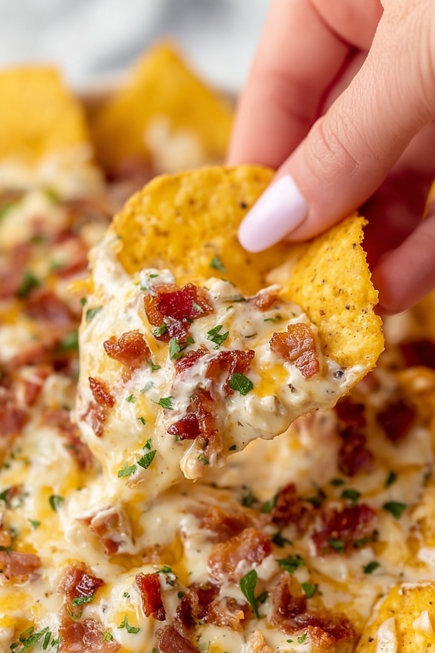 A close-up shot shows a woman's hand picking up a yellow corn chip loaded with creamy, melted cheese, small crispy bacon bits, finely chopped green herbs, and soft white chunks, all layered on top. The chip has a rough texture and the cheese looks smooth and soft with a mix of white and golden-yellow colors. The background is filled with more chips covered in the same cheesy mixture, and the surface beneath has a white marbled texture. photo taken with an iphone --ar 2:3 --v 7 - Crack Chicken Dip, cheesy chicken bacon dip, party dip recipes, easy game day dip, creamy chicken appetizer