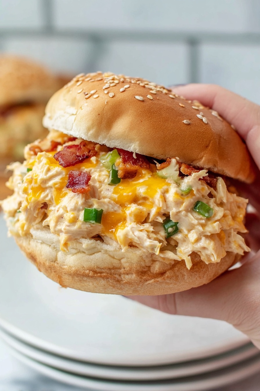 A sandwich with three clear layers sits on a white plate on a white marbled surface. The bottom layer is a soft, light brown sandwich bun. Above it is a thick layer of shredded white meat mixed with melted orange cheese and small chunks of crispy bacon, giving a textured mix of creamy and crunchy. The top layer is the bun's top half, light brown with sesame seeds scattered on it. The whole sandwich looks soft, juicy, and rich in flavor. Photo taken with an iphone --ar 2:3 --v 7 - Creamy Crockpot Crack Chicken, Crockpot Crack Chicken, Easy Crockpot Chicken Recipes, Comfort Food Chicken, Slow Cooker Chicken Dishes