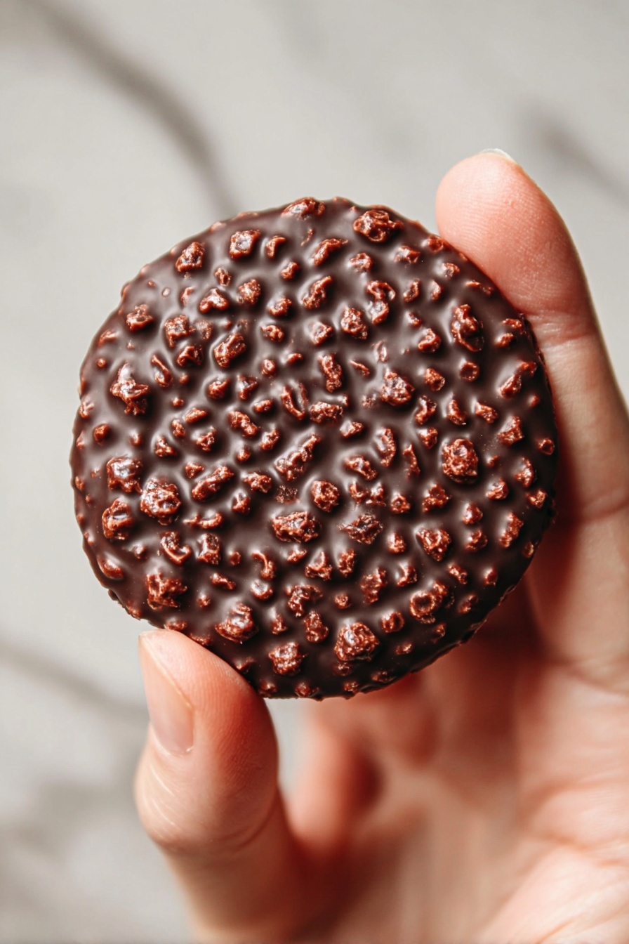 A close-up view of a round chocolate biscuit held by a woman's hand, showing its textured top covered with small, raised nut or crisp pieces embedded in the dark chocolate coating. The biscuit is dark brown with a shiny surface and the woman's hand gently grips it between thumb and forefinger against a blurred white marbled texture background. photo taken with an iphone --ar 2:3 --v 7 - Chocolate Quinoa Bites, healthy quinoa snacks, easy chocolate bites, vegan quinoa treats, quick healthy energy bites