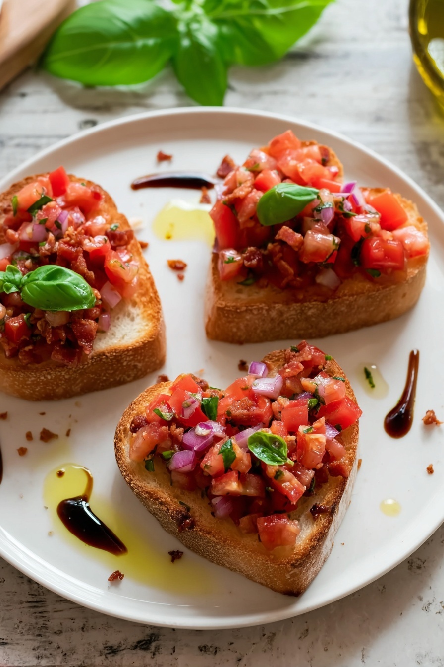 Three heart-shaped slices of bread form the base, each topped with a layer of bright red chopped tomatoes mixed with bits of purple onion and small pieces of crispy bacon scattered on top. Small green basil leaves add a fresh touch on two pieces. The bread's crust is a light brown with a soft off-white inside. The white plate beneath has drops of olive oil and dark balsamic vinegar artfully placed around the slices. The scene rests on a white marbled surface with a blurred green basil leaf in the background, photo taken with an iphone --ar 2:3 --v 7 - Tomato Bacon Bruschetta, easy bruschetta appetizer, bacon tomato appetizer, quick party snacks, flavorful bruschetta recipe