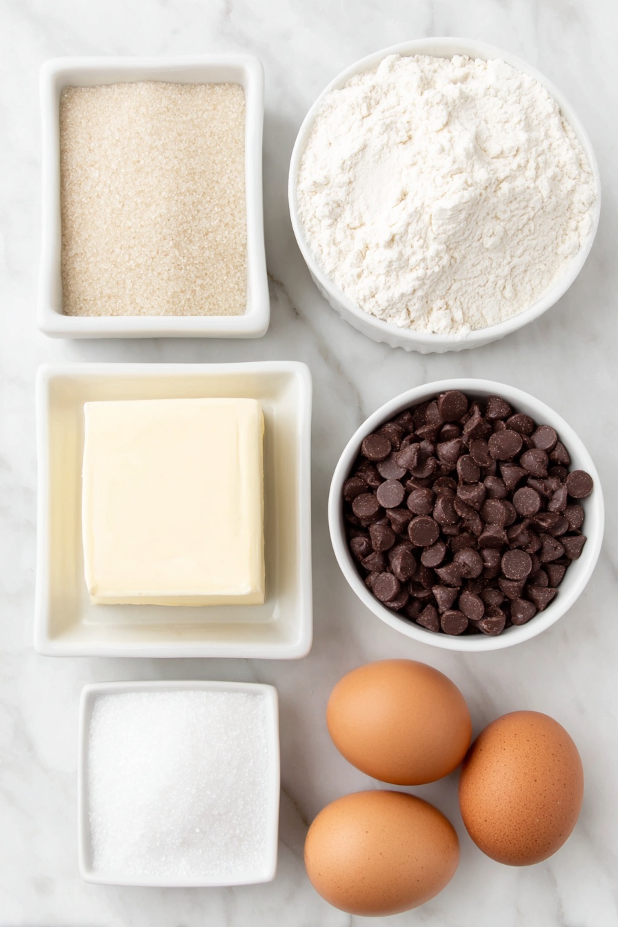 Flat lay of a small heap of pale all-purpose flour, a teaspoon of fine white baking soda powder, a pinch of coarse sea salt crystals, a large square of creamy unsalted butter, a small mound of packed light brown sugar, a small mound of granulated white sugar, two large brown eggs with smooth clean shells, a small white ceramic bowl filled with glossy semisweet chocolate chips in a mix of regular and mini sizes, and a small white ceramic bowl with clear vanilla extract liquid, all arranged in perfect symmetry on a clean white marble surface, soft natural light, photo taken with an iPhone, professional food photography style, fresh ingredients, white ceramic bowls, no bottles, no duplicates, no utensils, no packaging --ar 2:3 --v 7 --p m7354615311229779997 - Heart-Shaped Chocolate Chip Cookies, Valentine’s Day Cookies, Easy Chocolate Cookies, Soft Chocolate Chip Cookies, Homemade Heart Cookies