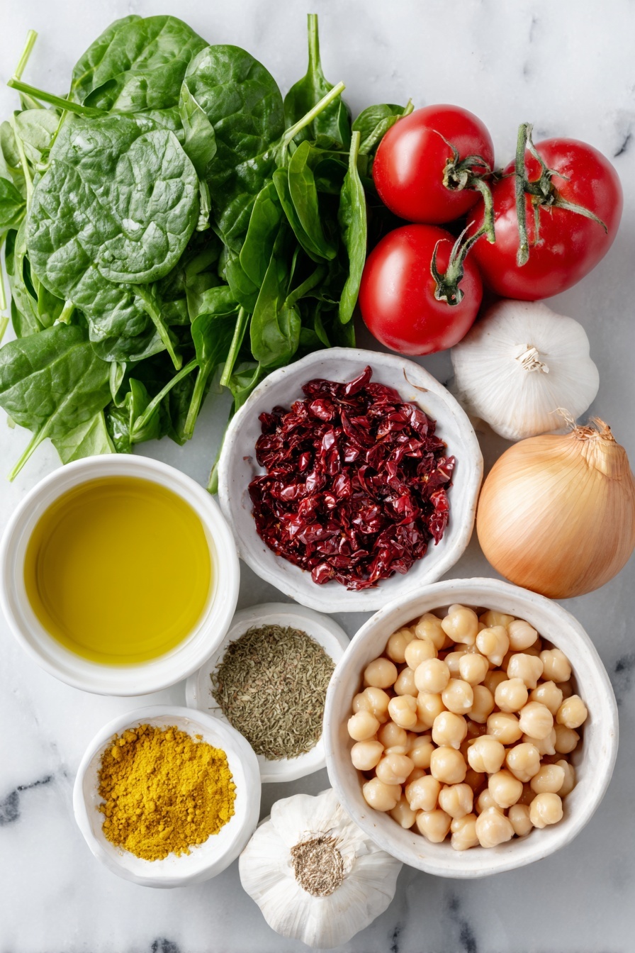 Flat lay of a small white ceramic bowl of golden olive oil, a small white ceramic bowl of vibrant crushed red pepper flakes, a whole small yellow onion with papery skin intact, two whole uncracked garlic bulbs, two ripe medium red tomatoes, a small white ceramic bowl filled with smooth beige chickpeas, a small white ceramic bowl of ground cumin powder, a small white ceramic bowl of dried oregano leaves, a small white ceramic bowl of bright yellow turmeric powder, and a generous bunch of fresh dark green spinach leaves arranged with balance and symmetry, placed on a clean white marble surface, soft natural light, photo taken with an iPhone, professional food photography style, fresh ingredients, white ceramic bowls, no bottles, no duplicates, no utensils, no packaging --ar 2:3 --v 7 --p m7354615311229779997 - Spicy Chickpeas with Tomatoes and Spinach, spicy chickpeas, healthy chickpea dishes, quick vegan dinners, flavorful vegetarian recipes