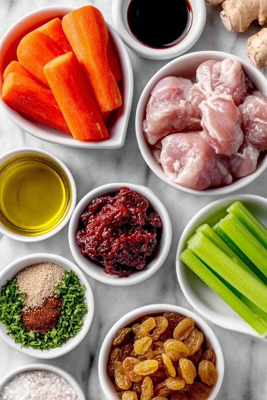 Flat lay of extra virgin olive oil in a small white ceramic bowl, red wine vinegar in a small white ceramic bowl, a small white ceramic bowl of bright red tomato paste, four peeled garlic cloves, a small white ceramic bowl with ground cinnamon, a small white ceramic bowl with ground ginger, a small white ceramic bowl of Ras el Hanout spice blend, six raw boneless skinless chicken thighs, three fresh orange carrots cut into 1-inch pieces, two fresh celery ribs cut into 1-inch pieces, one large red onion halved and sliced into thick rings, a small handful of golden raisins, one cup of dry couscous grains in a small white ceramic bowl, one cup of fresh chopped flat-leaf parsley, kosher salt and black peppercorns scattered lightly, placed on a clean white marble surface, soft natural light, photo taken with an iPhone, professional food photography style, fresh ingredients, white ceramic bowls, no bottles, no duplicates, no utensils, no packaging --ar 2:3 --v 7 --p m7354615311229779997 - Moroccan Chicken Couscous, Moroccan Chicken Couscous recipe, North African Chicken and Couscous, Spiced Chicken and Couscous dinner, Easy Moroccan chicken dish