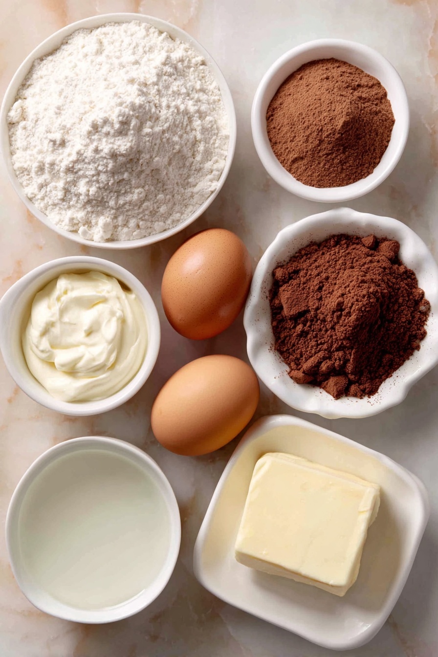 Flat lay of a small mound of all-purpose flour, a heap of unsweetened cocoa powder, a small pile of light brown sugar, three large whole brown eggs with clean shells, a few teaspoons of ground cinnamon and baking soda arranged neatly as fine powders, a pinch of salt and baking powder in tiny white bowls, a small white bowl of creamy mayonnaise, a small white bowl of hot water with steam rising subtly, a white ceramic dish holding a neat pat of shortening, and a small white bowl of clear vanilla extract liquid, all placed on a clean white marble surface, soft natural light, photo taken with an iPhone, professional food photography style, fresh ingredients, white ceramic bowls, no bottles, no duplicates, no utensils, no packaging --ar 2:3 --v 7 --p m7354615311229779997 - Chocolate Mayonnaise Sheet Cake, chocolate mayonnaise cake, moist chocolate cake, simple sheet cake recipe, easy chocolate cake