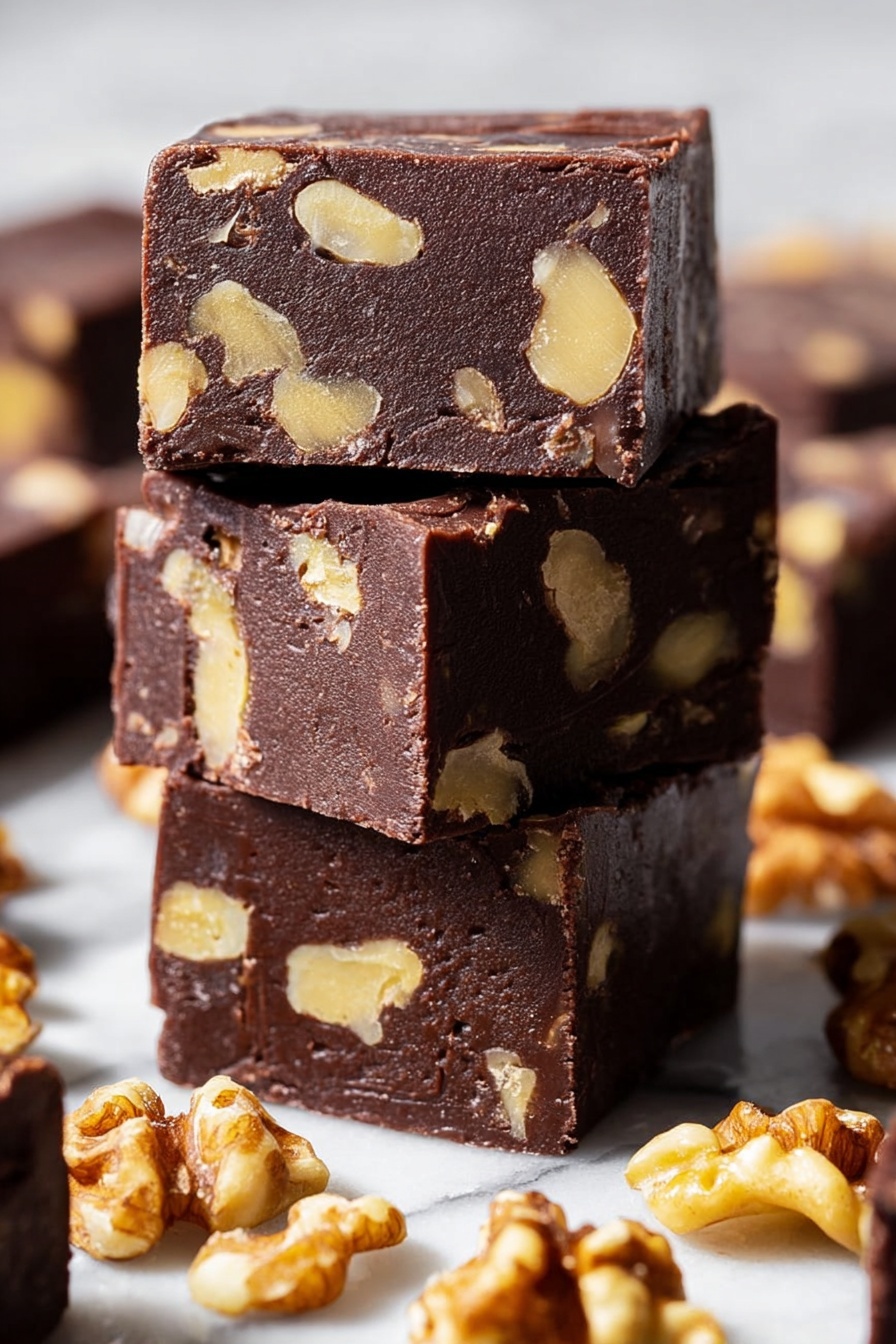 The image shows a stack of six thick, dark brown chocolate fudge squares with visible chunks of light beige walnuts inside. One square on top has a bite taken out, showing a smooth and dense texture inside with walnut pieces. The fudge pieces are arranged on a crumpled white paper over a white marbled surface. Around the fudge, there are some loose walnut halves scattered, and a blurred plate with more walnuts is in the background. A few flakes of white salt are sprinkled on the fudge top. Photo taken with an iphone --ar 2:3 --v 7 - Easy Chocolate Fudge, chocolate fudge recipe, simple fudge, homemade chocolate fudge, quick dessert recipes
