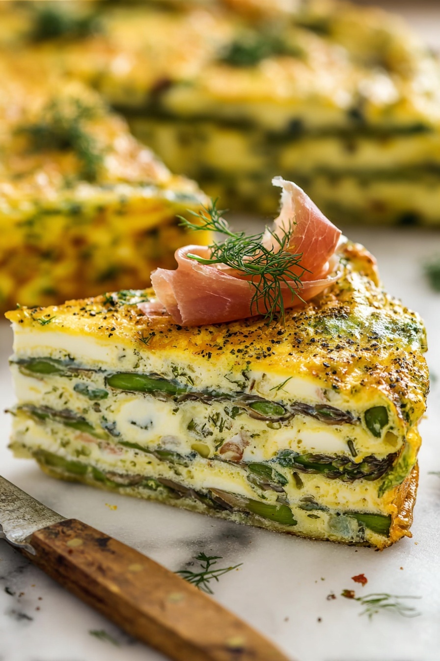 A thick slice of frittata sits on a white marbled surface showing five distinct layers of cooked egg mixed with green herbs and asparagus spears running horizontally inside. The top layer is golden with a rough texture sprinkled with seasoning and small green herbs then garnished with a small bunch of fresh dill and a thin curled slice of pink prosciutto. The background shows other blurred slices of the same frittata. A knife with a wooden handle lies in front of the slice. Photo taken with an iphone --ar 2:3 --v 7 - Asparagus Frittata with Cheese and Herbs, asparagus frittata, cheese and herb frittata, spring vegetable breakfast, healthy brunch recipes