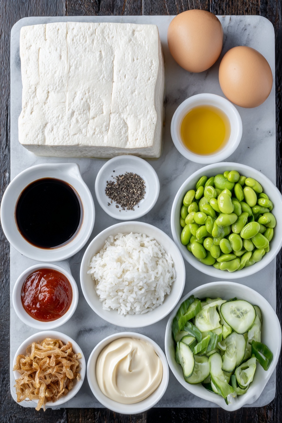 Flat lay of a whole block of extra firm tofu with natural texture, two uncracked brown eggs, a small pile of coarse salt crystals, a small pile of whole black peppercorns, a few fresh garlic cloves, a small white ceramic bowl with dark soy sauce, a small white ceramic bowl with golden maple syrup, a small white ceramic bowl with bright red sriracha, a small white ceramic bowl with smooth tomato paste, a small white ceramic bowl with creamy vegan mayo, a small white ceramic bowl with clear rice vinegar, a small white ceramic bowl with freshly grated pale yellow ginger, a mound of cooked white sushi rice, a handful of bright green shelled edamame, a thinly sliced English cucumber arranged neatly, diced ripe green avocado chunks, a small pile of crispy fried onions with golden brown color, fresh sprigs of vibrant green cilantro, and sliced green onions with white and green stalks, all arranged with perfect symmetry on a clean white marble surface, soft natural light, photo taken with an iPhone, professional food photography style, fresh ingredients, white ceramic bowls, no bottles, no duplicates, no utensils, no packaging --ar 2:3 --v 7 --p m7354615311229779997 - Sticky Glazed Tofu Bowl with Yum Yum Sauce, tofu bowl recipe, vegetarian Asian bowl, quick tofu dinner, flavorful tofu dishes