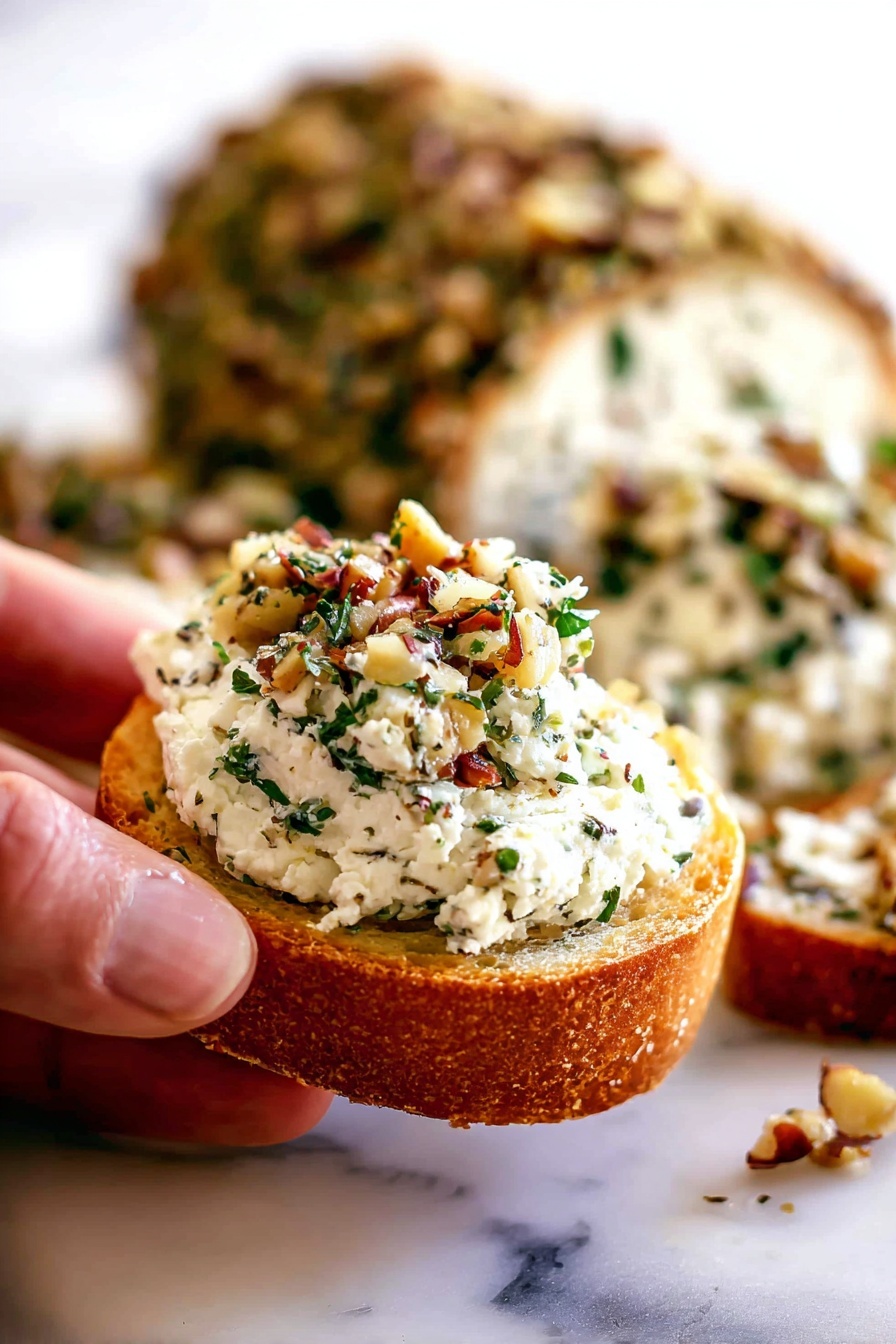 A close-up view shows a small toasted white bread round topped with a thick layer of white creamy cheese mixed with chopped green herbs and crushed nuts. In the background, a larger log of the same cheese mixture is covered in a nutty and herb coating, resting on a white marbled surface. A woman's hand is gently holding the small bread with cheese, highlighting the texture and colors of the topping. Photo taken with an iphone --ar 2:3 --v 7 - Garlic Herb Cheese Log with Pecan Coating, appetizer recipes, cheese ball ideas, holiday party appetizers, easy cheese appetizer