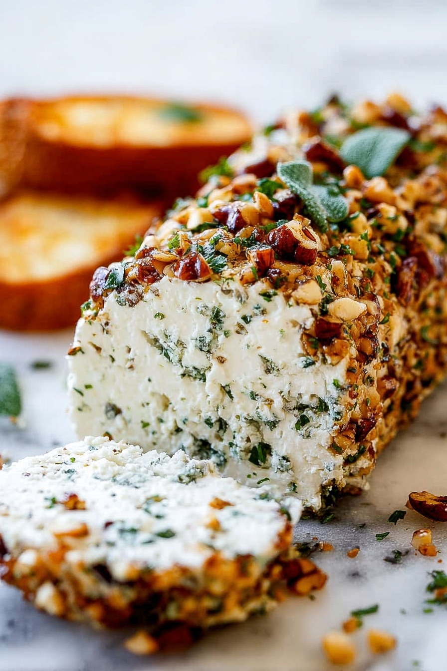 The image shows a close-up of a cheese roll covered with chopped nuts and green herbs. The cheese inside is white with bits of green herbs mixed in, and the outer layer is a crunchy nuts coating with small pieces of brown nuts all around. The cheese looks soft and creamy, with a rough textured slice on one side. In the background, there are blurred pieces of toasted bread with a golden brown color. The surface underneath is a white marbled texture with small bits of nuts and herbs scattered around. photo taken with an iphone --ar 2:3 --v 7 - Garlic Herb Cheese Log with Pecan Coating, appetizer recipes, cheese ball ideas, holiday party appetizers, easy cheese appetizer