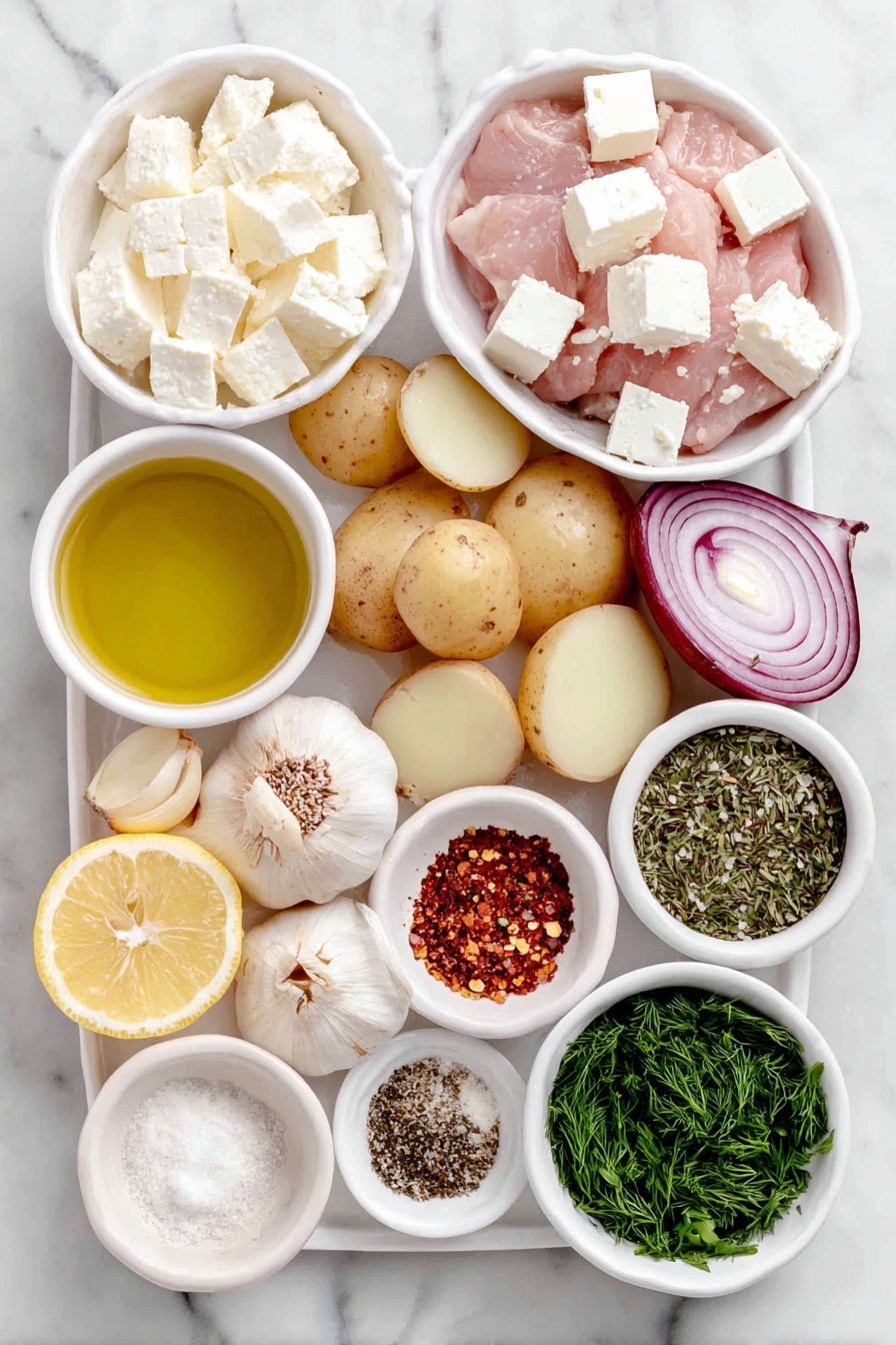 Flat lay of a small white ceramic bowl with extra virgin olive oil, a whole lemon with bright yellow zest, lemon juice in a small white bowl, six peeled garlic cloves, a small mound of dijon mustard, dried oregano in a neat pile, sweet paprika powder, kosher salt crystals, freshly ground black pepper, halved fingerling potatoes with smooth skin, thin lemon slices, large chunks of yellow onion, raw boneless skinless chicken thighs with fresh pink flesh, crumbled white feta cheese on a simple white ceramic plate, chopped fresh parsley sprigs, chopped fresh dill sprigs, and a small white bowl of red pepper flakes, all arranged in perfect symmetry on a clean white marble surface, soft natural light, photo taken with an iPhone, professional food photography style, fresh ingredients, white ceramic bowls, no bottles, no duplicates, no utensils, no packaging --ar 2:3 --v 7 --p m7354615311229779997 - Lemon Garlic Chicken and Potatoes, Lemon Garlic Chicken bake, One-pan chicken and potatoes, Mediterranean baked chicken, Easy lemon chicken dinner