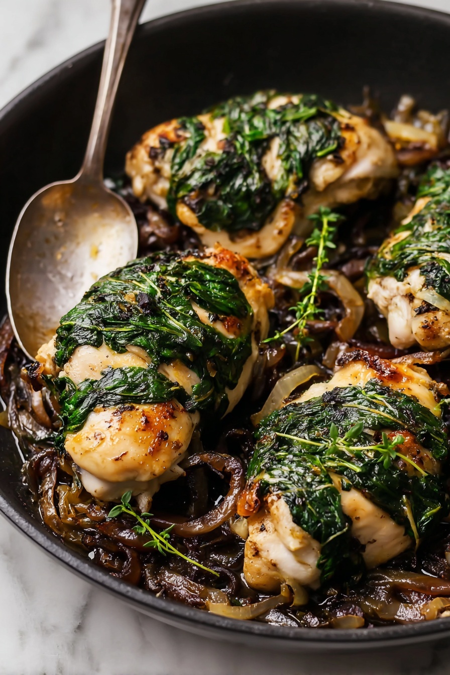 A black pan holds four white chicken pieces with dark green spinach leaves layered on top in stripes. The chicken rests over a bed of browned onions and mushrooms, creating a rich dark brown base. Small sprigs of fresh green herbs add extra detail around the chicken. A silver spoon rests on the edge of the pan which sits on a white marbled surface. The lighting highlights the juicy texture of the chicken and the leafy spinach on top, giving a warm and fresh look. photo taken with an iphone --ar 2:3 --v 7 - Stuffed Chicken Breast with Spinach and Caramelized Onions, stuffed chicken breast recipes, easy stuffed chicken, spinach stuffed chicken, caramelized onion chicken