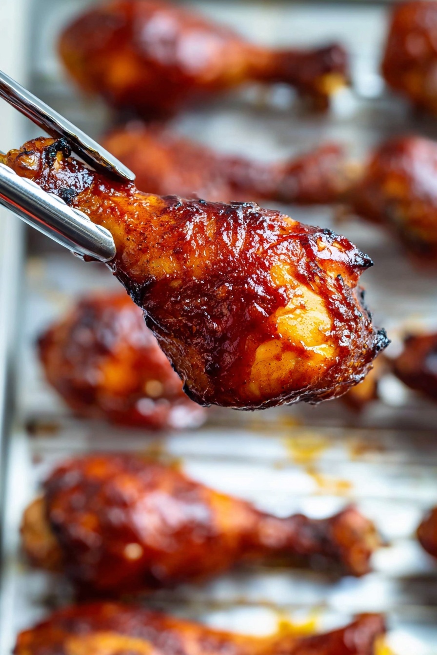 The image shows a close-up of several cooked chicken drumsticks on a metal rack over a white marbled surface. The chicken drumsticks are covered in a shiny, dark reddish-brown sauce that looks sticky and well-cooked, with some areas appearing slightly charred and crispy. The drumsticks have a textured surface with visible spice rubs and grill marks, giving them a rich, appetizing look. The light highlights the glossy sauce, making the chicken look tender and juicy. The background is blurred but maintains the white marbled texture, keeping the focus on the chicken pieces. photo taken with an iphone --ar 2:3 --v 7 - Baked BBQ Chicken Drumsticks, BBQ Chicken Drumsticks, Easy Chicken Recipes, Oven Baked Chicken, Juicy BBQ Chicken