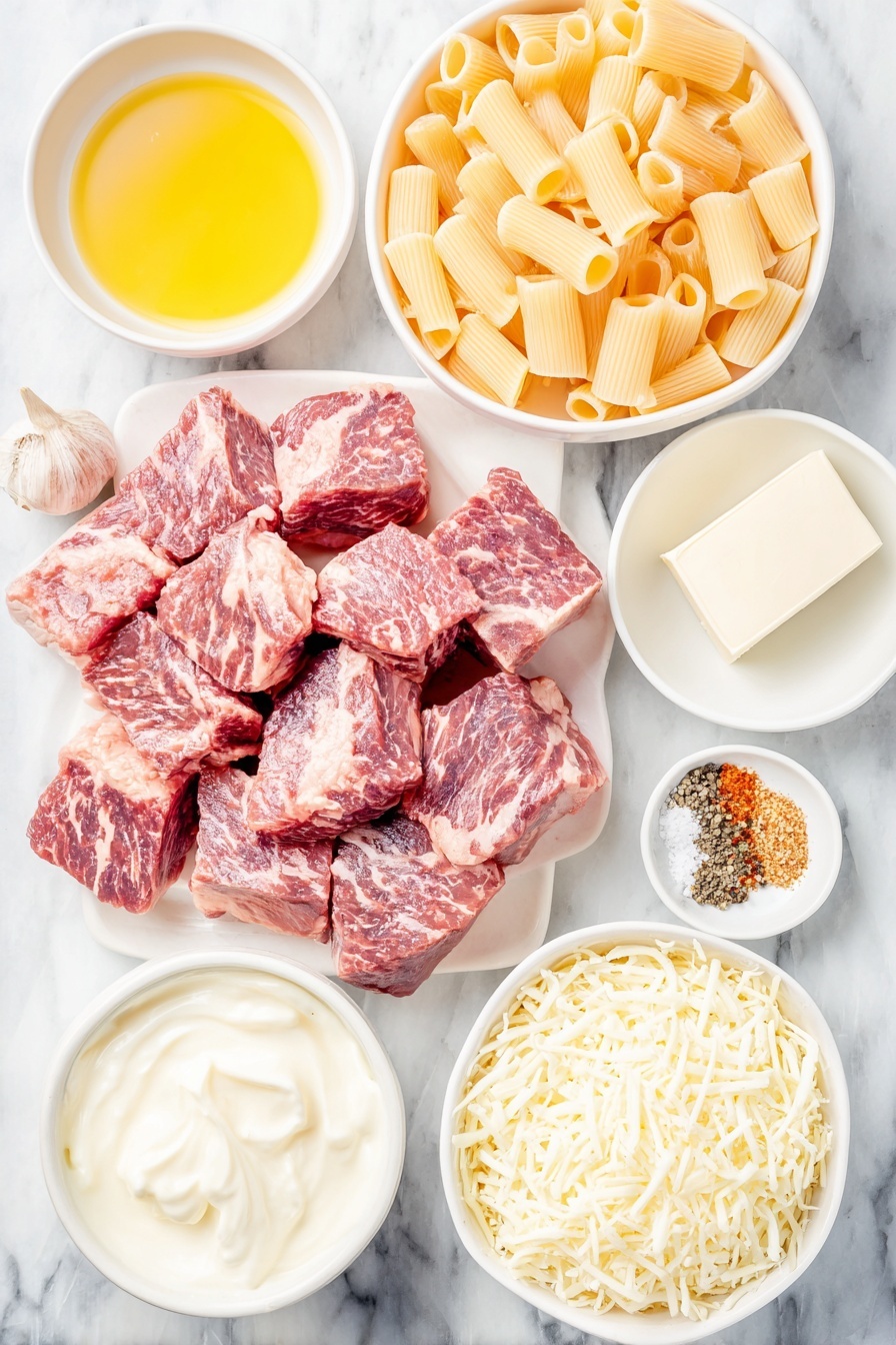 Flat lay of fresh sirloin steak cut into 1-inch cubes, dry Cajun seasoning sprinkled beside the steak, a small pile of uncooked rigatoni pasta, two whole uncracked brown garlic cloves, a small white bowl with golden olive oil, a small white bowl with creamy heavy whipping cream, a small white bowl filled with freshly grated Parmesan cheese, a small white bowl with shredded mozzarella cheese, a small white bowl containing a pat of unsalted butter, a small heap of coarse sea salt, and a few whole black peppercorns, all neatly arranged with perfect symmetry on a simple white ceramic surface, placed on a clean white marble surface, soft natural light, photo taken with an iPhone, professional food photography style, fresh ingredients, white ceramic bowls, no bottles, no duplicates, no utensils, no packaging --ar 2:3 --v 7 --p m7354615311229779997 - Cajun Steak Tips with Cheesy Rigatoni, Cajun steak tips, cheesy rigatoni recipe, spicy steak pasta, easy Cajun dinner