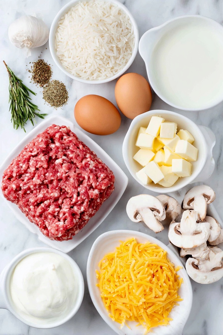 Flat lay of fresh raw ground beef patty, a small pile of Italian seasoning herbs, two whole brown eggs with clean shells, a few cubes of creamy butter, a small mound of diced white onions, a small heap of minced garlic cloves, a simple white bowl filled with beef broth, a small pile of uncooked white long grain rice, fresh sliced white button mushrooms, a small white bowl of smooth cream of mushroom soup, a small white bowl of fresh milk, a small dollop of thick sour cream on a white plate, and shredded bright orange cheddar cheese scattered neatly, all ingredients arranged with perfect symmetry on simple white ceramic bowls and plates, placed on a clean white marble surface, soft natural light, photo taken with an iPhone, professional food photography style, fresh ingredients, white ceramic bowls, no bottles, no duplicates, no utensils, no packaging --ar 2:3 --v 7 --p m7354615311229779997 - Cheesy Ground Beef and Rice Casserole, easy ground beef casserole, cheesy rice bake, quick weeknight dinner, comfort food recipes