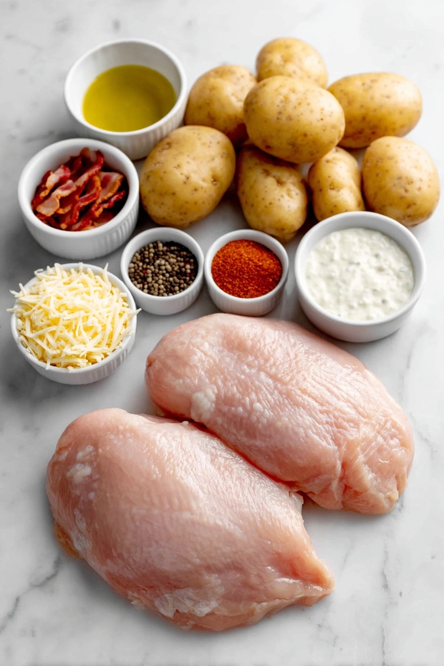 Flat lay of two whole uncut chicken breasts, four whole medium potatoes, six raw bacon strips, a small white bowl of olive oil, a small white bowl of dry ranch seasoning powder, a small white bowl of coarse salt, a small white bowl of black peppercorns, a small white bowl of paprika powder, a small white bowl of garlic powder, a small white bowl of shredded mozzarella cheese, a small white bowl of creamy ranch dressing, all arranged symmetrically on a clean white marble surface, soft natural light, photo taken with an iPhone, professional food photography style, fresh ingredients, white ceramic bowls, no bottles, no duplicates, no utensils, no packaging --ar 2:3 --v 7 --p m7354615311229779997 - Chicken Bacon Ranch Potato Skillet, Chicken Bacon Ranch skillet, Easy chicken skillet recipes, Bacon potato skillet, Ranch chicken dinner