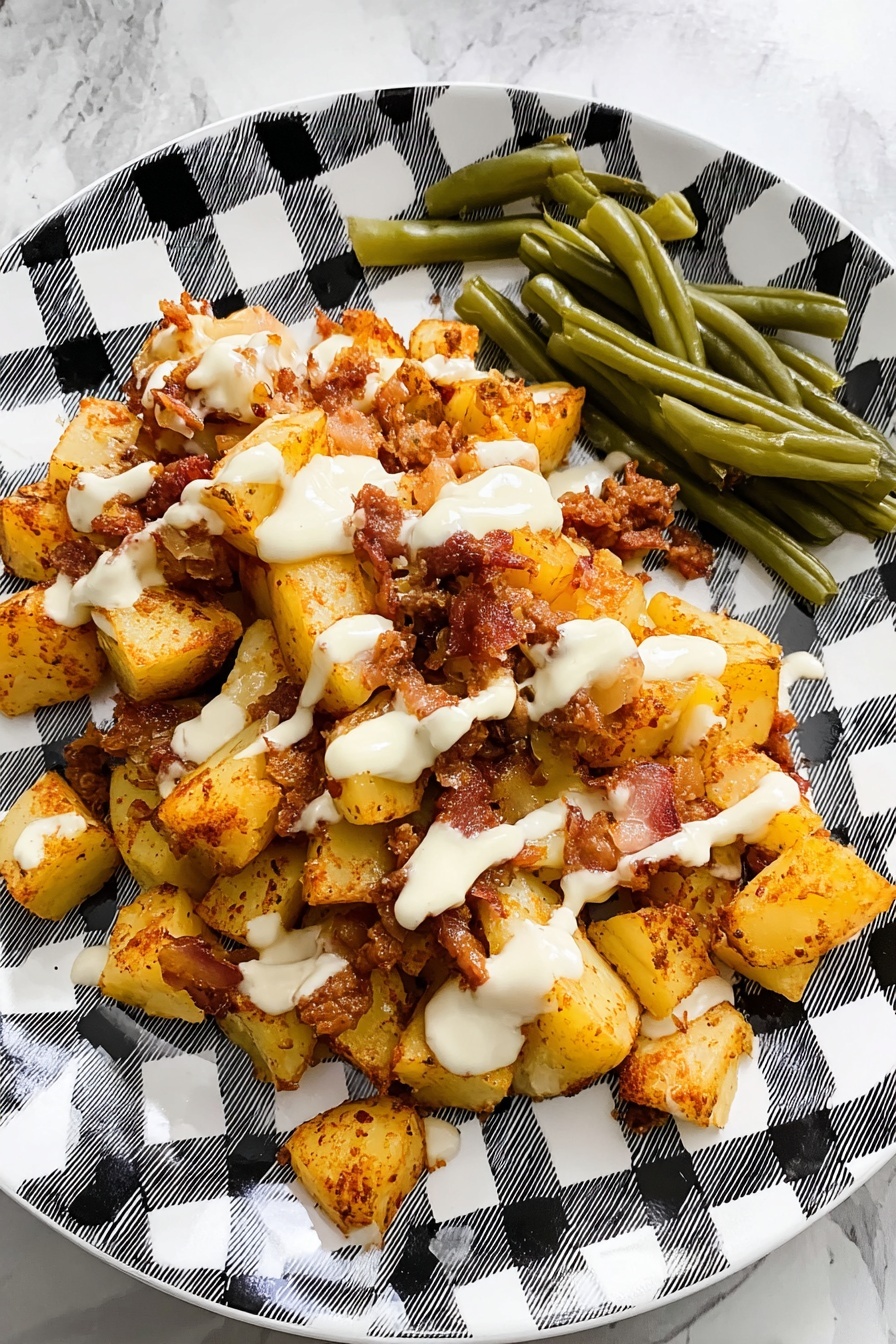 On a white plate with a black and white checkered pattern, there is a pile of diced cooked potatoes mixed with small pieces of browned meat and melted cheese. The potatoes and meat have a golden-brown and reddish color with a slightly crispy texture. White creamy sauce is drizzled over the top in uneven lines. To the side of this, there is a small pile of green beans, cut into short pieces, with a soft and smooth texture. The plate sits on a white marbled surface. photo taken with an iphone --ar 2:3 --v 7 - Chicken Bacon Ranch Potato Skillet, Chicken Bacon Ranch skillet, Easy chicken skillet recipes, Bacon potato skillet, Ranch chicken dinner