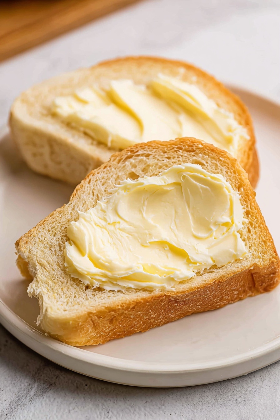 The image shows two slices of bread with a golden-brown crust and a soft beige inside. Each slice is spread thickly with a smooth, creamy pale yellow butter. The bread slices are placed on a simple white plate, which rests on a white marbled surface. The texture of the butter looks soft and easy to spread, with visible swirls and layers on the top. photo taken with an iphone --ar 2:3 --v 7 - Homemade Butter, homemade butter recipe, how to make butter at home, fresh butter from scratch, easy homemade butter