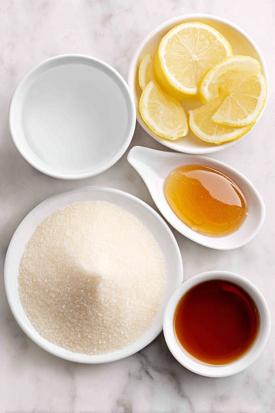 Flat lay of a small mound of unflavored gelatin powder on a white ceramic plate, a simple white ceramic bowl filled with clear cold water, another white ceramic bowl holding steaming hot water, a small white bowl with fresh lemon wedges and a clear lemon juice drizzle, a small white bowl containing golden apple cider vinegar, and a small white bowl with a spoonful of golden honey, placed on a clean white marble surface, soft natural light, photo taken with an iPhone, professional food photography style, fresh ingredients, white ceramic bowls, no bottles, no duplicates, no utensils, no packaging --ar 2:3 --v 7 --p m7354615311229779997 - Healthy Weight Loss Gelatin Drink, weight loss gelatin drink, healthy gelatin drink, low-calorie weight loss beverage, detox gelatin drink