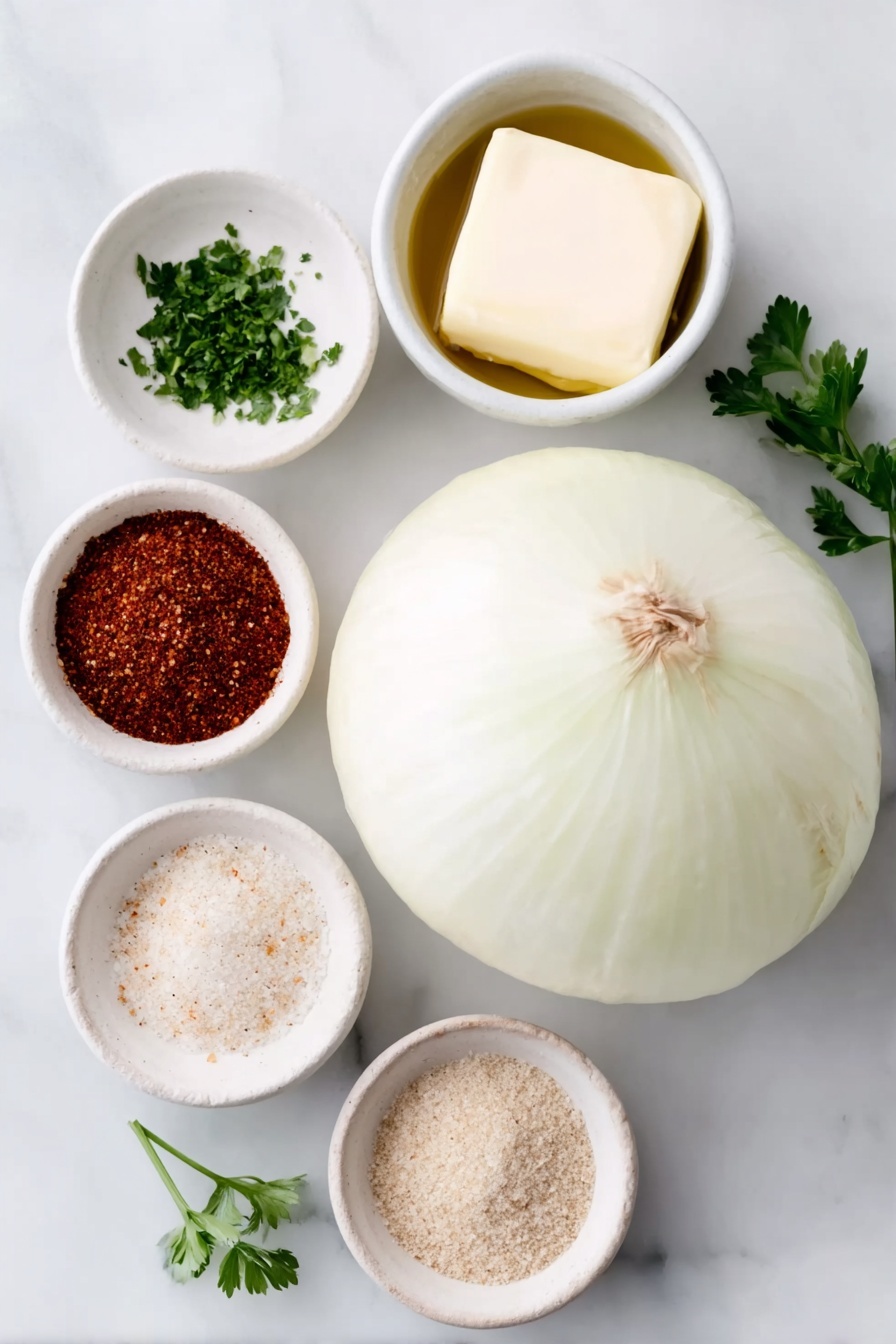 Flat lay of a large peeled sweet onion with trimmed ends, a small white ceramic bowl of vegan butter, a small white ceramic bowl of extra virgin olive oil, a small white ceramic bowl containing reddish-brown Cajun seasoning powder, a small white ceramic bowl of fine salt, a small white ceramic bowl with light beige garlic powder, a small white ceramic bowl of Old Bay seasoning, and a few fresh sprigs of finely diced parsley leaves scattered gently, all arranged with perfect symmetry on a clean white marble surface, soft natural light, photo taken with an iPhone, professional food photography style, fresh ingredients, white ceramic bowls, no bottles, no duplicates, no utensils, no packaging --ar 2:3 --v 7 --p m7354615311229779997 - Viral TikTok Roast Onion, TikTok onion side dish, caramelized onion recipe, easy roasted onion, flavorful onion appetizer