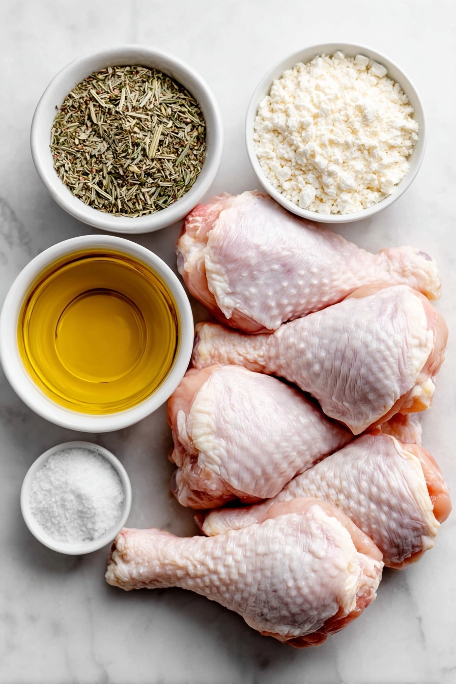 Flat lay of fresh, raw chicken drumsticks with clean skin and no excess fat, a small white ceramic bowl of golden olive oil, a small white ceramic bowl filled with brown poultry seasoning powder, a small white ceramic bowl containing coarse salt crystals, a small white ceramic bowl with black peppercorns, and a small white ceramic bowl of fine baking powder, all arranged symmetrically on a clean white marble surface, soft natural light, photo taken with an iPhone, professional food photography style, fresh ingredients, white ceramic bowls, no bottles, no duplicates, no utensils, no packaging --ar 2:3 --v 7 --p m7354615311229779997 - Crispy Baked Chicken Legs, baked chicken legs crispy skin, easy baked chicken thigh recipe, oven roasted chicken legs, healthy baked chicken recipes