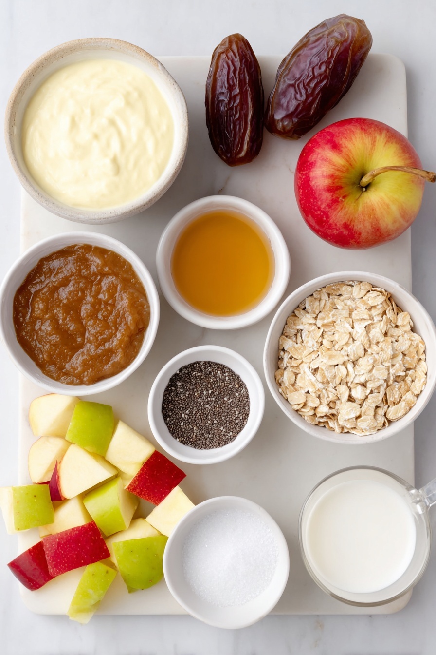 Flat lay of a small white ceramic bowl of plain unsweetened plant-based yogurt, a few spoonfuls of smooth golden apple butter on a white plate, two whole medjool dates with glossy brown skin, a tiny white bowl with pale yellow miso paste, a small white bowl holding golden vanilla extract, cinnamon powder lightly poured in a small white bowl, a pinch of ground cardamom in a tiny white bowl, a small white bowl filled with coarse kosher salt crystals, a white ceramic cup filled with creamy soy milk, a small white bowl with black chia seeds, a small white bowl holding gluten-free rolled oats, a small white bowl with walnut halves, diced fresh bright red and yellow apples scattered softly on a white plate, a small white bowl with thick amber maple syrup, placed on a clean white marble surface, soft natural light, photo taken with an iPhone, professional food photography style, fresh ingredients, white ceramic bowls, no bottles, no duplicates, no utensils, no packaging --ar 2:3 --v 7 --p m7354615311229779997 - Apple Cinnamon Chia Pudding with Stewed Apples, healthy chia pudding recipes, cozy breakfast ideas, easy fruit dessert, vegan apple pudding