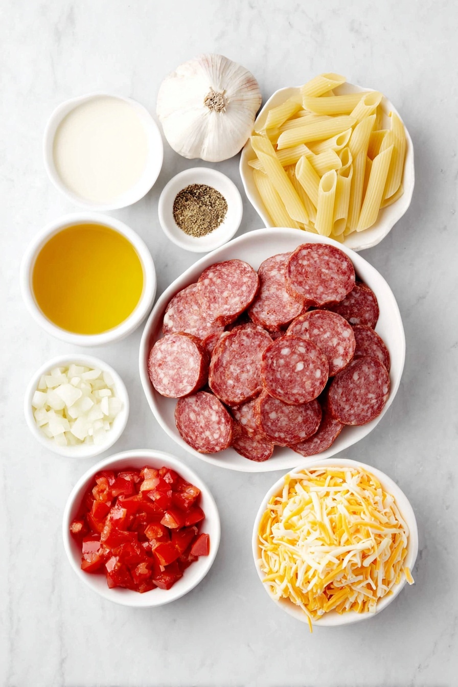 Flat lay of a simple white ceramic bowl filled with golden olive oil, a neat pile of sliced kielbasa sausage with a rich reddish-brown color, a small mound of diced white onion, two whole cloves of garlic with papery skin intact, a tiny white bowl holding dried Italian seasoning herbs, another small white bowl with creamy milk, a cluster of uncooked penne pasta with smooth, pale yellow tubes, a small white bowl filled with bright red diced Italian tomatoes, a small white bowl of light golden reduced-sodium chicken broth, a small white bowl containing ground black pepper, a generous pile of shredded orange and white Cheddar-Jack cheese, all arranged symmetrically and balanced on a clean white marble surface, soft natural light, photo taken with an iPhone, professional food photography style, fresh ingredients, white ceramic bowls, no bottles, no duplicates, no utensils, no packaging --ar 2:3 --v 7 --p m7354615311229779997 - Cheesy Kielbasa Pasta, Kielbasa Pasta recipe, easy sausage pasta, creamy kielbasa pasta dinner, weeknight comfort food