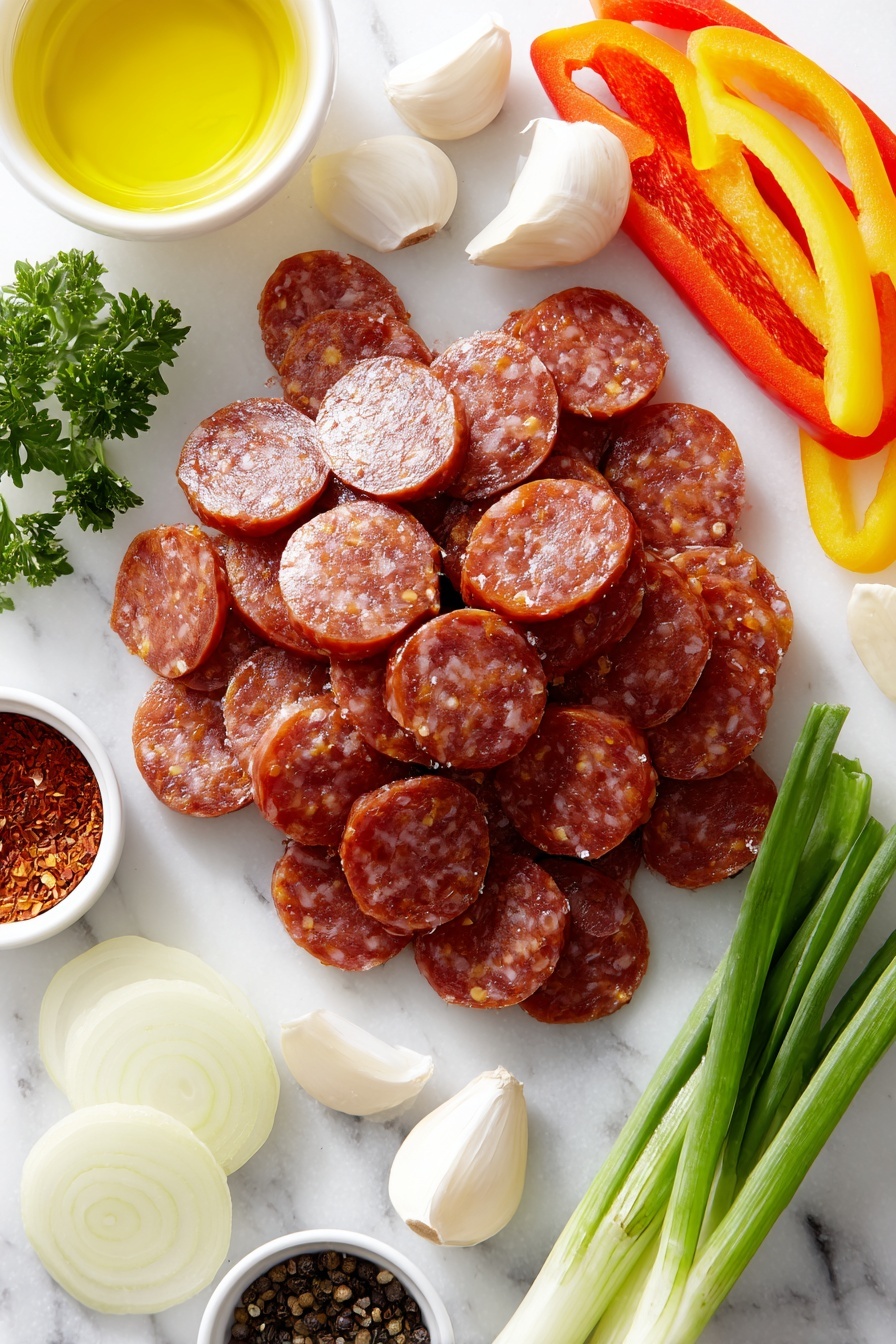 Flat lay of a small pile of thinly sliced andouille sausage rounds with a rich reddish-brown color, a single fresh red bell pepper cut into long thin strips, a yellow bell pepper sliced similarly, a small yellow onion sliced into thin strips, four whole garlic cloves with their natural white papery skins, a few sprigs of fresh bright green parsley, a single green onion with white bulb and vibrant green stalks sliced diagonally, a small white ceramic bowl filled with golden olive oil, a small white ceramic bowl with mixed black and white coarse ground pepper, and a small white ceramic bowl containing bright red crushed pepper flakes, all arranged symmetrically on a clean white marble surface, soft natural light, photo taken with an iPhone, professional food photography style, fresh ingredients, white ceramic bowls, no bottles, no duplicates, no utensils, no packaging --ar 2:3 --v 7 --p m7354615311229779997 - Spicy Sausage and Pepper Skillet, spicy sausage skillet, pepper sausage dinner, quick sausage and peppers, easy skillet recipes