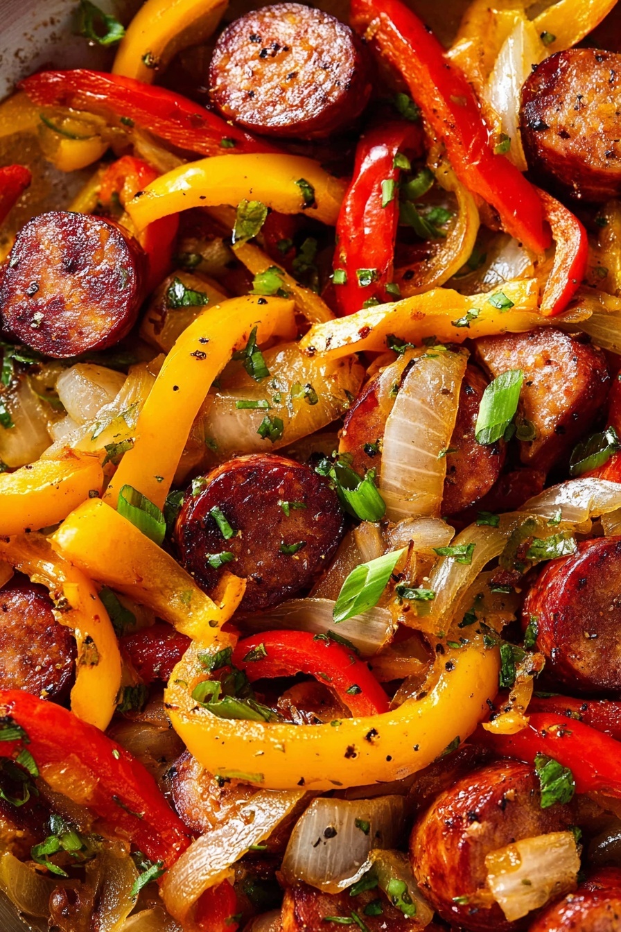 The image shows a close-up of cooked sausage slices mixed with sautéed bell pepper strips and onion slices. The sausage pieces are round, browned with a slightly crispy edge, and deep reddish-brown in color. Bright strips of yellow and red bell peppers are scattered evenly around the dish, mixed with slightly translucent cooked onion slices that have a light golden tint. Small green pieces of chopped herbs and green onion slices are sprinkled on top, adding fresh color contrast and texture. The ingredients appear glossy from cooking oil, and some black pepper flakes are visible. The background is a white marbled texture photo taken with an iphone --ar 2:3 --v 7 - Spicy Sausage and Pepper Skillet, spicy sausage skillet, pepper sausage dinner, quick sausage and peppers, easy skillet recipes