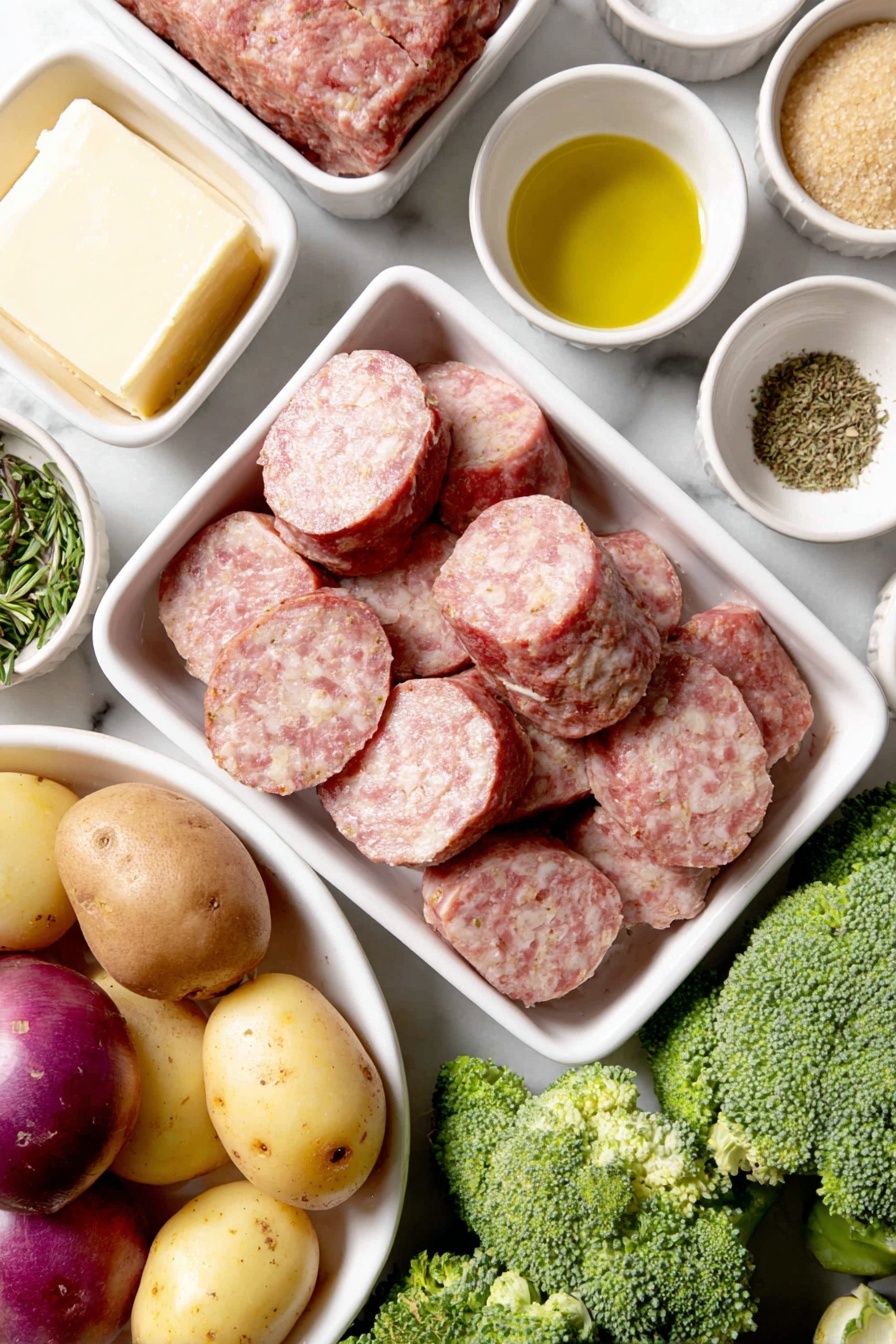 Flat lay of sliced pork kielbasa rounds, a chopped sweet potato with bright orange flesh, four small mixed potatoes including purple, yellow, and red varieties cut into chunks, two heads of fresh green broccoli florets, three peeled garlic cloves, a small white ceramic bowl with golden olive oil, a small white ceramic bowl with melted unsalted butter, a small white ceramic bowl filled with amber honey, a small white ceramic bowl holding light brown packed brown sugar, a small white ceramic bowl with smooth yellow dijon mustard, a small white ceramic bowl containing dried green basil, a small white ceramic bowl with dried oregano, a small white ceramic bowl of coarse kosher salt, a small white ceramic bowl with freshly ground black pepper, all ingredients arranged symmetrically and balanced on a clean white marble surface, soft natural light, photo taken with an iPhone, professional food photography style, fresh ingredients, white ceramic bowls, no bottles, no duplicates, no utensils, no packaging --ar 2:3 --v 7 --p m7354615311229779997 - Honey Garlic Kielbasa Sheet Pan Dinner, easy Kielbasa sheet pan recipe, weeknight dinner ideas, one pan sausage and vegetables, quick honey garlic dinner