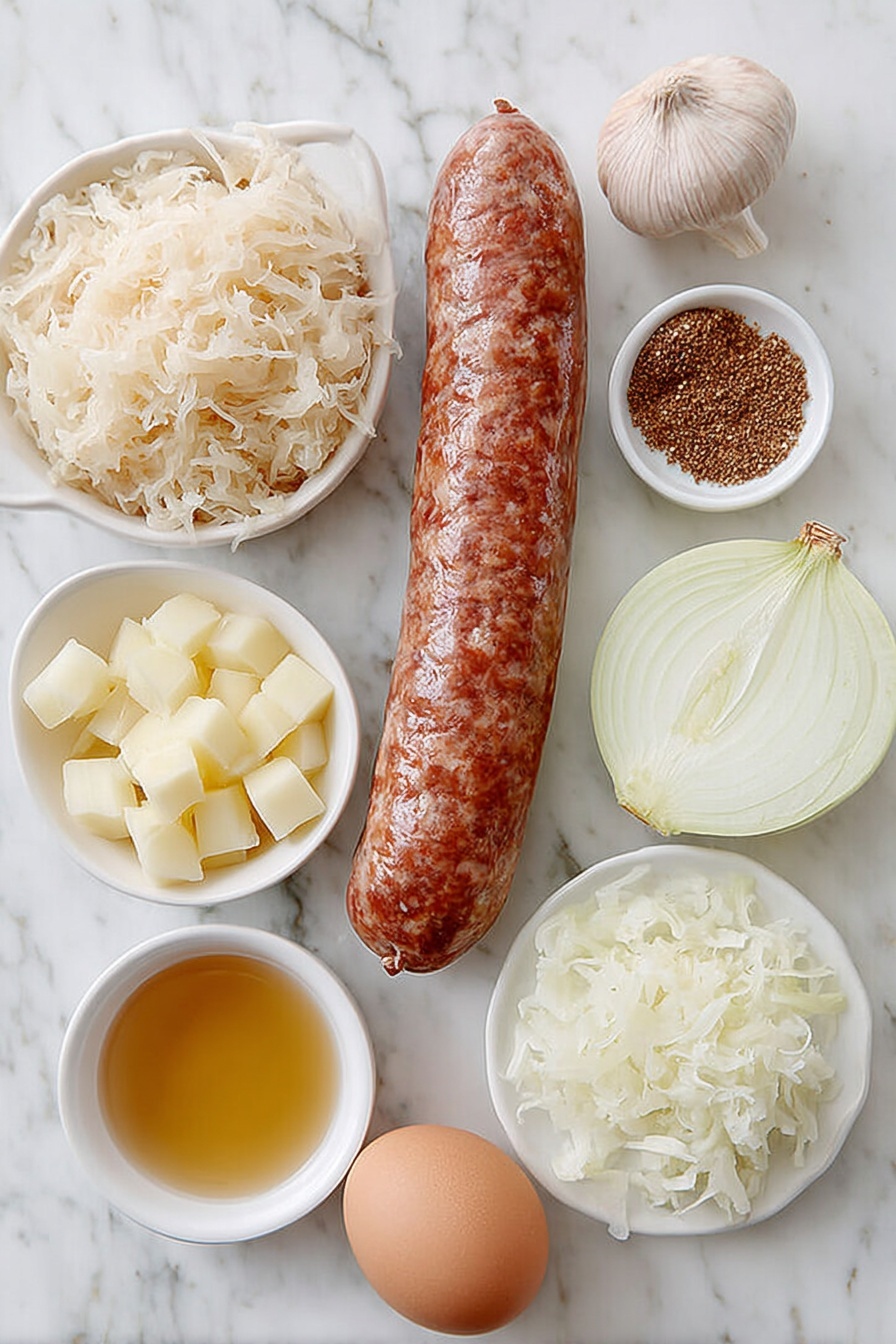 Flat lay of a fresh whole kielbasa sausage link, a small heap of golden diced Yukon Gold potatoes, a halved large yellow onion with diced pieces nearby, one whole uncracked brown egg, a peeled garlic clove, a small white ceramic bowl filled with sauerkraut strands, a small white ceramic bowl containing golden olive oil, a small white ceramic bowl holding light amber chicken stock, and a small pile of brown caraway seeds, all arranged with perfect symmetry on a clean white marble surface, soft natural light, photo taken with an iPhone, professional food photography style, fresh ingredients, white ceramic bowls, no bottles, no duplicates, no utensils, no packaging --ar 2:3 --v 7 --p m7354615311229779997 - Kielbasa and Sauerkraut Skillet, kielbasa and sauerkraut, easy sauerkraut skillet, hearty sausage and sauerkraut dish, one-pan kielbasa recipe