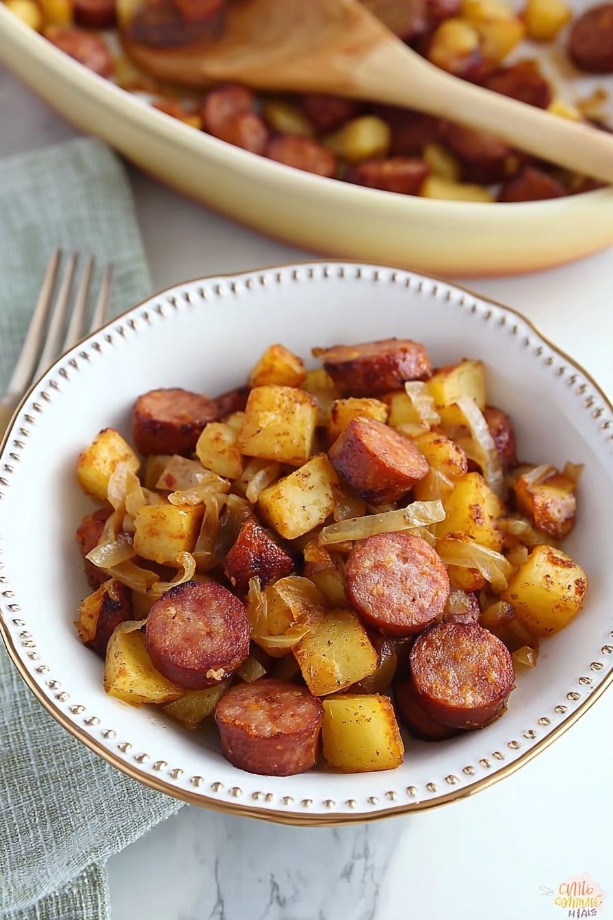 The image shows a yellow oval dish filled with a mixture of cooked sliced sausage and small cubes of potatoes, both browned with a slight crisp texture. The sausage pieces are round and reddish-brown, scattered evenly throughout the dish, while the potato cubes are golden brown and also mixed with very small bits of translucent cooked onions, adding texture and color contrast. The dish sits on a white marbled surface, and a white cloth is partially visible on the lower left side. Photo taken with an iphone --ar 2:3 --v 7 - Kielbasa and Potato Skillet, easy kielbasa recipes, quick dinner ideas, hearty skillet meals, comforting potato dishes