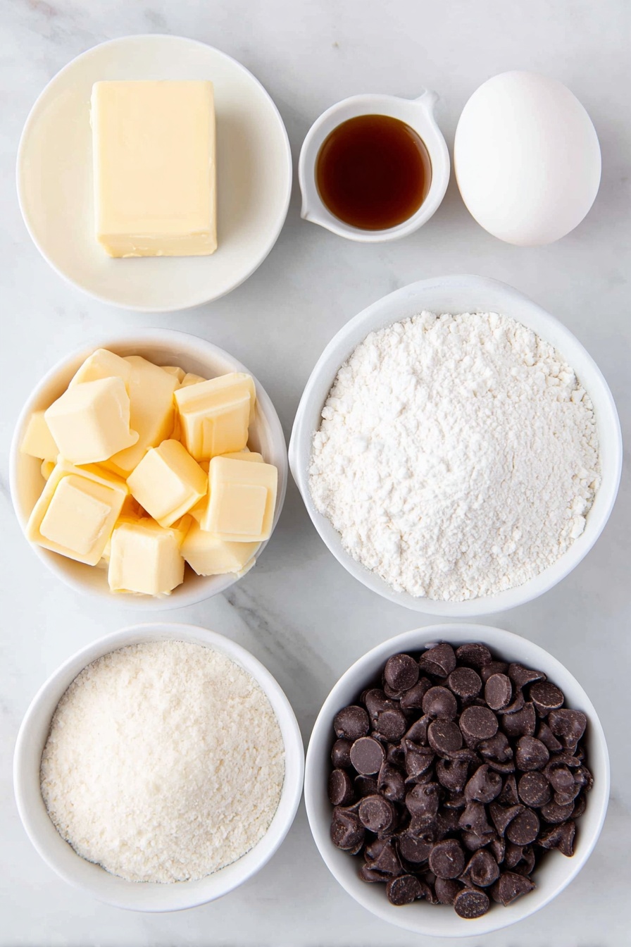 Flat lay of a small square of salted butter, a small mound of granulated sugar, a whole egg white with a clean shell, a small white bowl of vanilla extract, a simple white bowl filled with all-purpose flour, a white bowl containing baking powder, a neat pile of unwrapped golden caramel squares, a small white bowl holding milk, and a simple white bowl filled with glossy milk chocolate chips, all arranged symmetrically on a clean white marble surface, soft natural light, photo taken with an iPhone, professional food photography style, fresh ingredients, white ceramic bowls, no bottles, no duplicates, no utensils, no packaging --ar 2:3 --v 7 --p m7354615311229779997 - Twix Cookie Cups with Caramel and Chocolate, easy Twix cookie cups, homemade caramel chocolate cups, no-bake cookie cup dessert, caramel chocolate treat