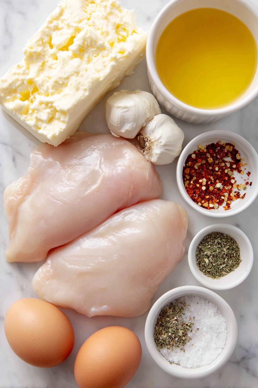 Flat lay of two large raw chicken breasts, a block of cream cheese cut into smaller pieces, a small white bowl of golden olive oil, a small white bowl of melted butter, a small white bowl of light golden chicken broth, a small white bowl of Italian seasoning powder, a small white bowl of crushed red pepper flakes, a small white bowl of garlic powder, three whole garlic bulbs with several peeled cloves, a medium yellow onion halved and chopped, a few sprigs of fresh parsley, and two whole uncracked brown eggs placed on a clean white marble surface, soft natural light, photo taken with an iPhone, professional food photography style, fresh ingredients, white ceramic bowls, no bottles, no duplicates, no utensils, no packaging --ar 2:3 --v 7 --p m7354615311229779997 - Cream Cheese Chicken Skillet, Chicken Skillet Recipes, Creamy Chicken Dinner, Easy One-Pan Chicken, Quick Comfort Food