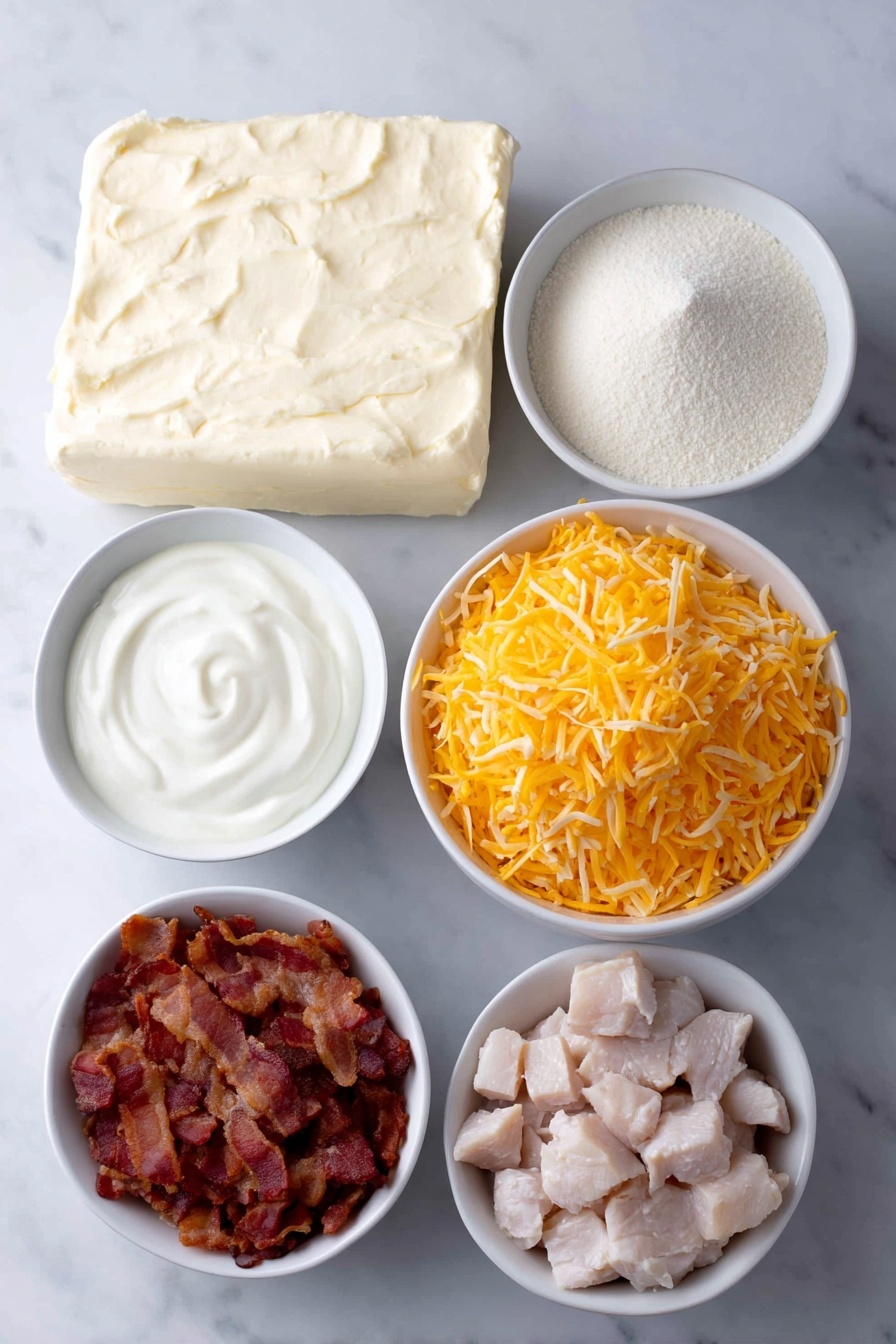 Flat lay of a small block of cream cheese, a small white bowl of ranch dressing powder, a small white bowl filled with chopped cooked bacon, a small white bowl piled with shredded cheddar cheese, a small white bowl of sour cream, a small white bowl with chopped cooked chicken, all arranged in perfect symmetry on a clean white marble surface, soft natural light, photo taken with an iPhone, professional food photography style, fresh ingredients, white ceramic bowls, no bottles, no duplicates, no utensils, no packaging --ar 2:3 --v 7 --p m7354615311229779997 - Crack Chicken Dip, cheesy chicken bacon dip, party dip recipes, easy game day dip, creamy chicken appetizer