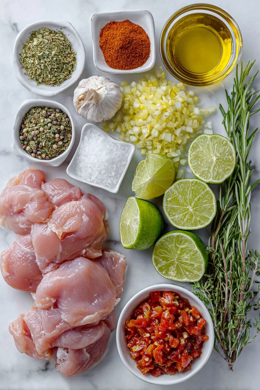 Flat lay of boneless, skinless chicken breasts, a small mound of ground cumin powder, a small heap of smoked paprika, a small heap of dried oregano leaves, a small pile of cayenne pepper powder, coarse sea salt crystals, freshly ground black peppercorns, a drizzle of olive oil in a small white ceramic bowl, a finely diced small yellow onion on a white ceramic plate, three unpeeled garlic cloves, a small dollop of bright red tomato paste on a white ceramic spoon-shaped dish, a small white bowl filled with diced fresh red tomatoes, a small white bowl containing creamy unsweetened coconut milk, a few sprigs of fresh green cilantro, and two fresh lime wedges arranged neatly on a simple white ceramic plate, placed on a clean white marble surface, soft natural light, photo taken with an iPhone, professional food photography style, fresh ingredients, white ceramic bowls, no bottles, no duplicates, no utensils, no packaging --ar 2:3 --v 7 --p m7354615311229779997 - Coconut Milk Chicken, Coconut Milk Chicken recipe, creamy chicken dinner, spicy coconut chicken, easy chicken curry