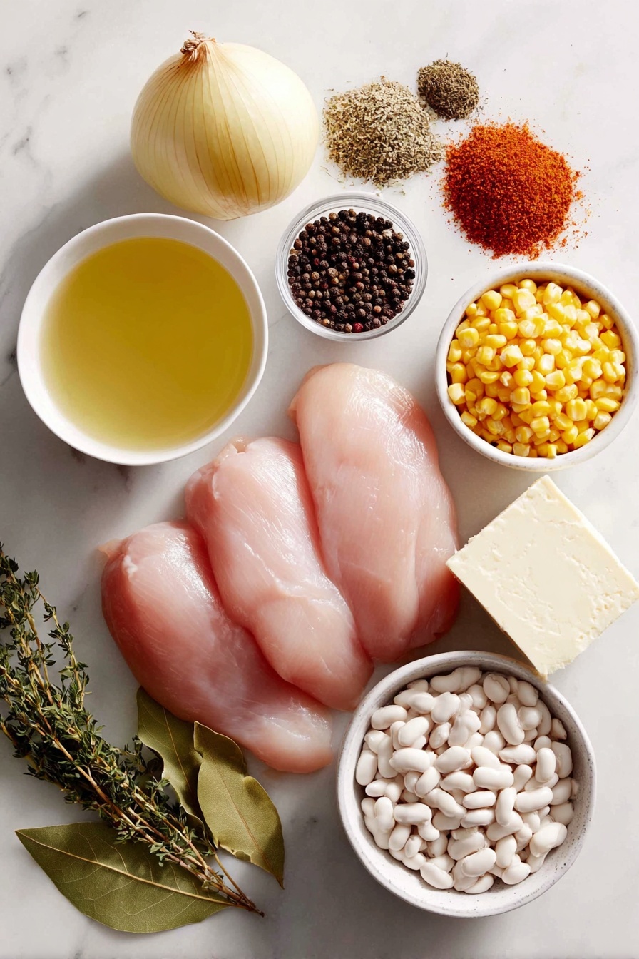 Flat lay of fresh boneless skinless chicken breasts, a small mound of ground cumin powder, a small mound of salt crystals, a small mound of black peppercorns, a small mound of chili powder, a small mound of cayenne pepper, a small mound of dried oregano leaves, a small mound of ground coriander, a simple white ceramic bowl filled with golden chicken broth, a whole large yellow onion, three cloves of fresh garlic, a small white bowl with chopped fire roasted green chilies, a single fresh bay leaf, a small white bowl of white cannellini beans, a small white bowl of light brown pinto beans, a small white bowl of thawed yellow frozen corn, a wedge of fresh cream cheese, a small bunch of fresh green cilantro sprigs placed on a clean white marble surface, soft natural light, photo taken with an iPhone, professional food photography style, fresh ingredients, white ceramic bowls, no bottles, no duplicates, no utensils, no packaging --ar 2:3 --v 7 --p m7354615311229779997 - Creamy Crockpot White Chicken Chili, slow cooker white chicken chili, easy white chicken chili recipe, comforting chicken chili, creamy chicken chili Crockpot