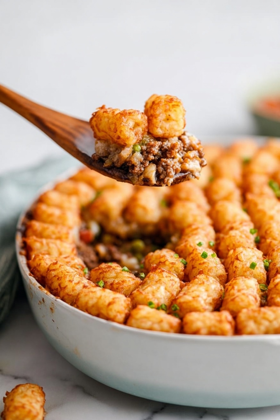 A large oval white pan with golden handles holds a dish of evenly arranged small golden brown baked pieces, likely tater tots, placed in tight concentric rows with a slightly crispy texture. Beneath the tots, a thick golden brown sauce can be seen filling the bottom of the pan, giving a warm, rich contrast to the crispy layer above. The pan sits on a white marbled surface, enhancing the warm colors of the dish. Photo taken with an iphone --ar 2:3 --v 7 - Cowboy Casserole with Tater Tots, easy cowboy casserole, cheesy tater tot casserole, hearty family casseroles, comfort food recipes