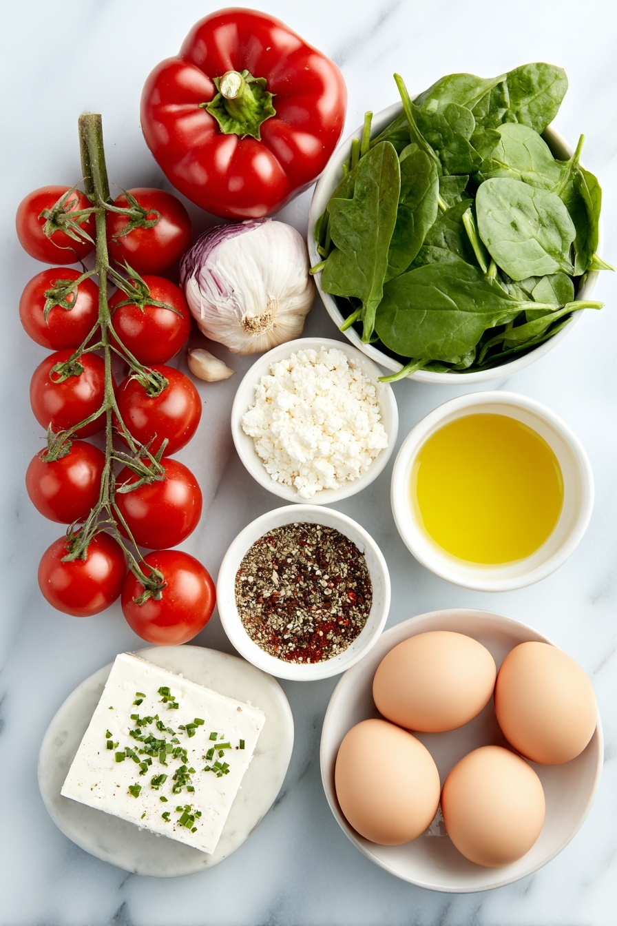 Flat lay of fresh cherry tomatoes on the vine, a whole red bell pepper, half a small red onion, three garlic cloves with skins, a block of white feta cheese, a small white bowl of golden olive oil, a small white bowl of mixed dried oregano, sea salt, dried thyme, black pepper, and red pepper flakes, a handful of fresh baby spinach leaves, four whole uncracked brown eggs, and a small white bowl of chopped fresh basil and chives, all arranged symmetrically in simple white ceramic bowls and plates, placed on a clean white marble surface, soft natural light, photo taken with an iPhone, professional food photography style, fresh ingredients, white ceramic bowls, no bottles, no duplicates, no utensils, no packaging --ar 2:3 --v 7 --p m7354615311229779997 - Baked Feta Eggs with Cherry Tomatoes, baked feta eggs, cherry tomato breakfast, easy brunch recipes, healthy baked egg dishes