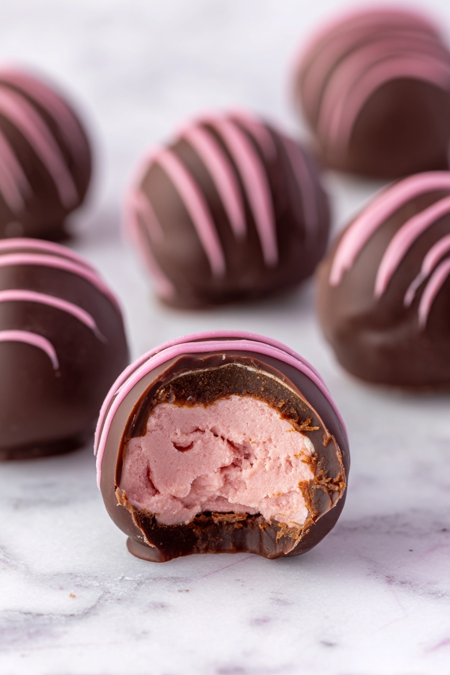 The image shows several round chocolate truffles on a white marbled surface. One truffle in the front is bitten, revealing two layers inside: a light pink creamy center with a soft texture and a thin outer layer of dark chocolate. The truffles are covered in dark chocolate with smooth pink drizzle lines on top, giving a nice contrast. The colors are mainly dark brown and pink, with the truffles arranged in a scattered pattern. Photo taken with an iphone --ar 2:3 --v 7 - Chocolate Raspberry Truffles, raspberry truffle recipe, easy chocolate truffles, homemade raspberry chocolates, decadent chocolate treats