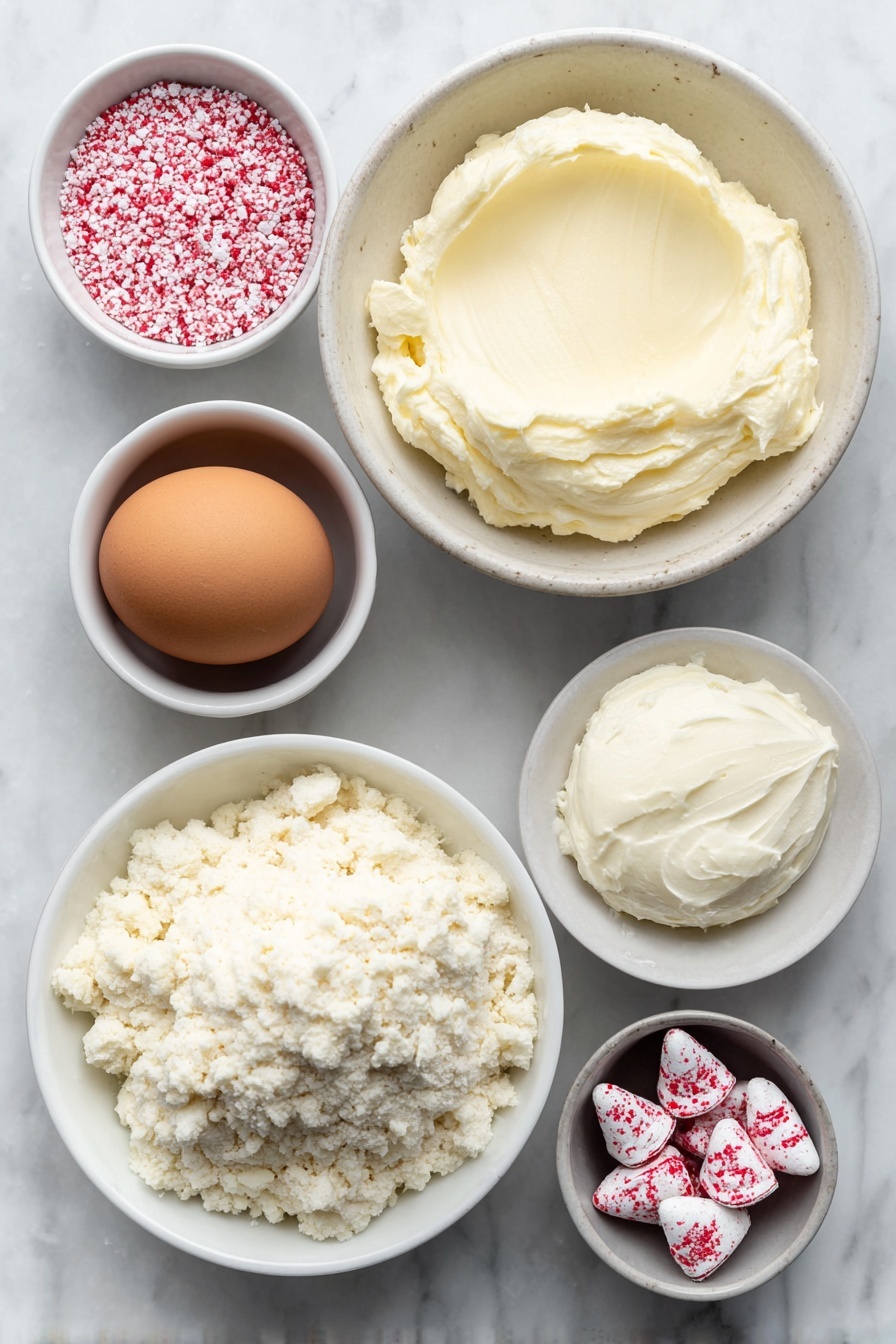 Flat lay of a simple white ceramic bowl filled with a colorful funfetti sugar cookie mix, a block of fresh cream cheese with a smooth surface, a single large brown egg with a clean, uncracked shell, a small white bowl holding pink sanding sugar sparkling softly, and a neat pile of unwrapped red foil-wrapped Hershey’s Strawberry Ice Cream Cone Kisses, all arranged in perfect symmetry, placed on a clean white marble surface, soft natural light, photo taken with an iPhone, professional food photography style, fresh ingredients, white ceramic bowls, no bottles, no duplicates, no utensils, no packaging --ar 2:3 --v 7 --p m7354615311229779997 - Strawberry Kiss Cookies, strawberry cookies with kisses, easy strawberry cookie recipe, soft cream cheese cookies, Valentine’s Day cookies