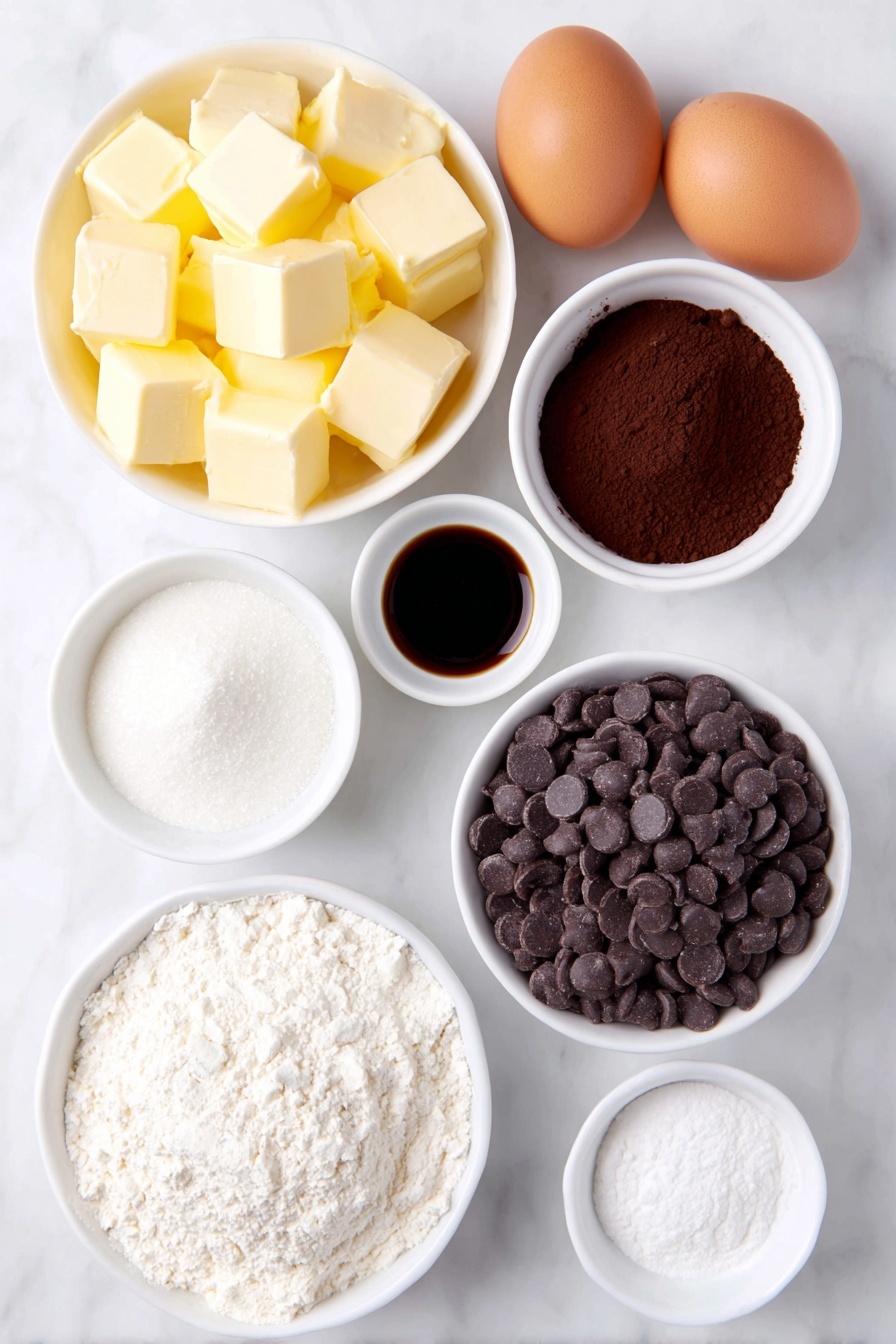 Flat lay of a small white ceramic bowl of unsalted butter cubes, a small white ceramic bowl of granulated sugar, two whole uncracked brown eggs, a small white ceramic bowl of vanilla extract, a small white ceramic bowl of unsweetened cocoa powder, a small white ceramic bowl of all-purpose flour, a small white ceramic bowl with fine salt, a small white ceramic bowl of baking powder, and a small white ceramic bowl filled with semi-sweet chocolate chips, all arranged symmetrically in a balanced composition, placed on a clean white marble surface, soft natural light, photo taken with an iPhone, professional food photography style, fresh ingredients, white ceramic bowls, no bottles, no duplicates, no utensils, no packaging --ar 2:3 --v 7 --p m7354615311229779997 - Heart-Shaped Brownies, heart-shaped brownies recipe, easy heart brownies, festive brownie treats, romantic dessert ideas