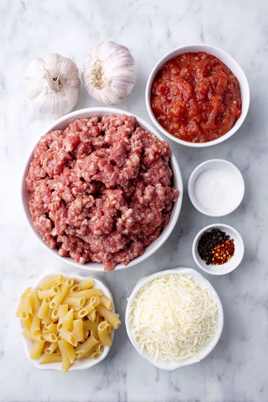 Flat lay of one cup of ziti pasta, a mound of fresh raw Italian sausage crumbles, four whole brown garlic bulbs unpeeled, a small white bowl filled with bright red crushed tomatoes, a small white bowl with coarse white salt crystals, a small white bowl holding white granulated sugar, a small white bowl with red crushed chili flakes, a small white bowl of heavy cream, a small heap of grated pecorino Romano cheese, a small bunch of fresh green basil leaves, a small mound of shredded whole milk mozzarella cheese, all arranged with perfect symmetry on a clean white marble surface, soft natural light, photo taken with an iPhone, professional food photography style, fresh ingredients, white ceramic bowls, no bottles, no duplicates, no utensils, no packaging --ar 2:3 --v 7 --p m7354615311229779997 - Creamy Sausage Baked Ziti, baked ziti with sausage, cheesy baked pasta, indulgent pasta casserole, simple sausage pasta recipe