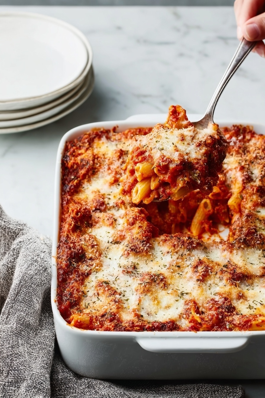The image shows a white rectangular baking dish filled with baked pasta covered in tomato sauce and melted cheese. The dish features at least two distinct layers: a bottom layer of pasta coated in a rich red tomato sauce with visible herbs, and a thick top layer of bubbling, golden-browned melted cheese that is unevenly spread, giving a textured look. A silver spoon lifts a serving of the pasta from the lower right corner of the dish, revealing more sauce and pasta underneath. The background has a white marbled texture with a white plate stack on the left and a textured gray cloth on the right. A woman's hand holds the spoon, lifting the food. Photo taken with an iphone --ar 2:3 --v 7 - Creamy Sausage Baked Ziti, baked ziti with sausage, cheesy baked pasta, indulgent pasta casserole, simple sausage pasta recipe