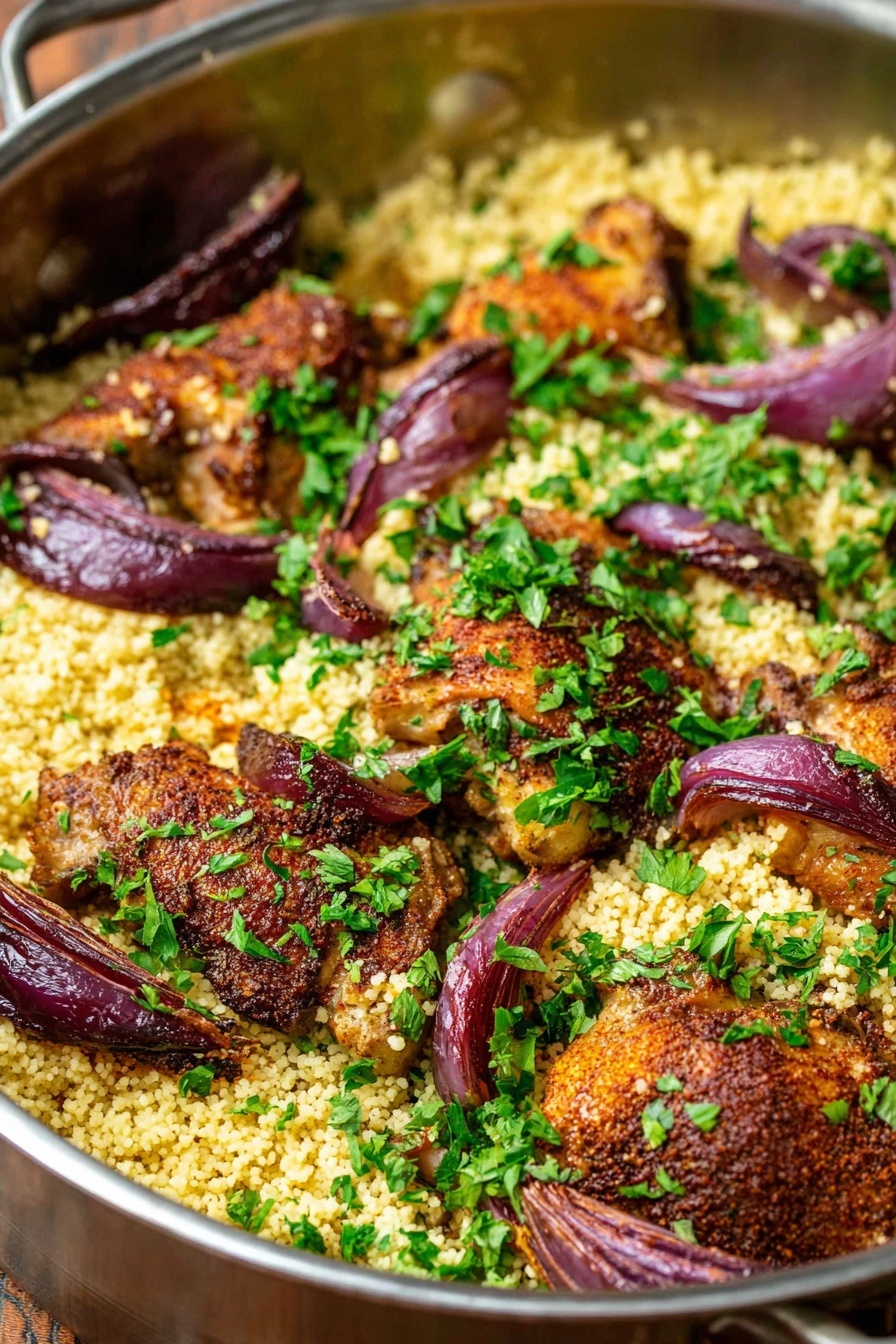 A stainless steel pan filled with three layers starts with a base of cooked couscous, light yellow and fluffy with a grainy texture, spread evenly across the pan. On top, several pieces of browned chicken thighs show a dark, spicy seasoning coating, some pieces peeking through the couscous. Scattered among the chicken and couscous are roasted red onion wedges with a deep purple color and slightly charred edges. Fresh chopped green parsley is sprinkled all over, adding a bright color contrast to the dish. Photo taken with an iphone --ar 2:3 --v 7 - Moroccan Chicken Couscous, Moroccan Chicken Couscous recipe, North African Chicken and Couscous, Spiced Chicken and Couscous dinner, Easy Moroccan chicken dish
